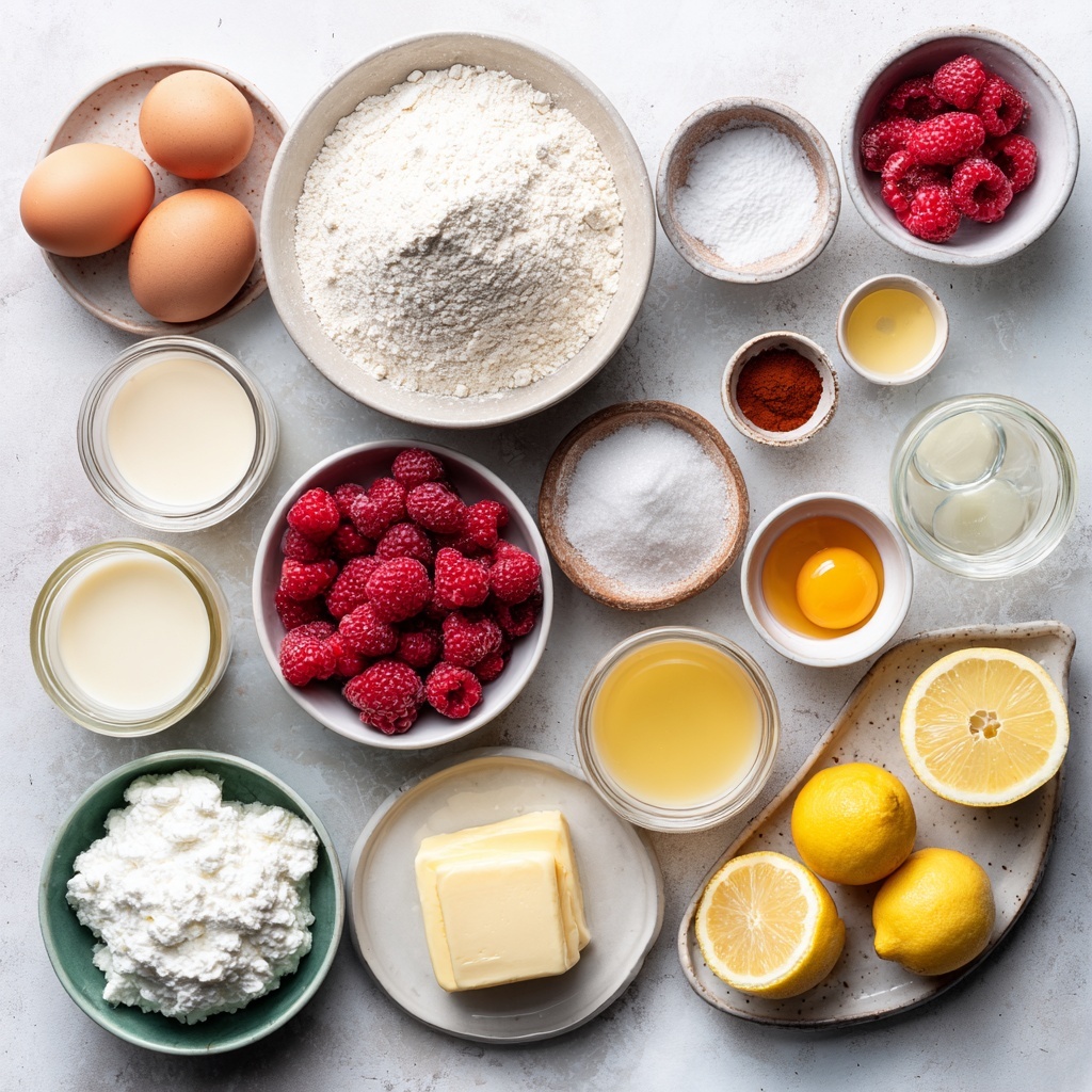 A white rectangular baking dish holds six large cinnamon rolls arranged in two rows of three. Each cinnamon roll has a golden brown base with visible swirls of a reddish filling inside. On top, there is a smooth white glaze spread unevenly across each roll. Bright red fresh raspberries are scattered generously over the rolls, some on the glaze and some directly on the pastries. The dish is set on a white marbled surface with small purple lilac flowers placed around it for decoration. Photo taken with an iphone --ar 4:5 --v 7