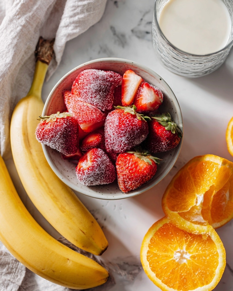 Inside a clear blender, there is one peeled banana laying at the bottom, next to it a bright orange half of a small mandarin with visible segment lines, and a handful of frozen red cherries covered lightly with frost sitting on the side. The blender is placed on a white marbled surface, showing some natural stone patterns. The black handle of the blender is at the bottom right corner of the image. Photo taken with an iphone --ar 4:5 --v 7