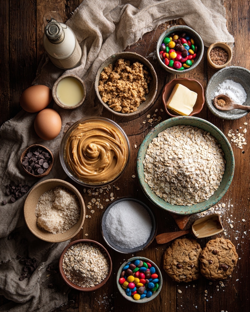 A white mixing bowl filled with thick, brown oat dough that has a rough texture showing pieces of oats mixed in. On top of the dough is a layer of small dark brown chocolate chips and colorful candy-coated chocolate pieces in green, blue, purple, and pink scattered unevenly. A wooden spoon is resting inside the bowl on the right side, partially covered with the dough. Around the bowl, there are scattered oats, some colorful candy pieces, and chocolate chips on a white marbled surface. photo taken with an iphone --ar 4:5 --v 7