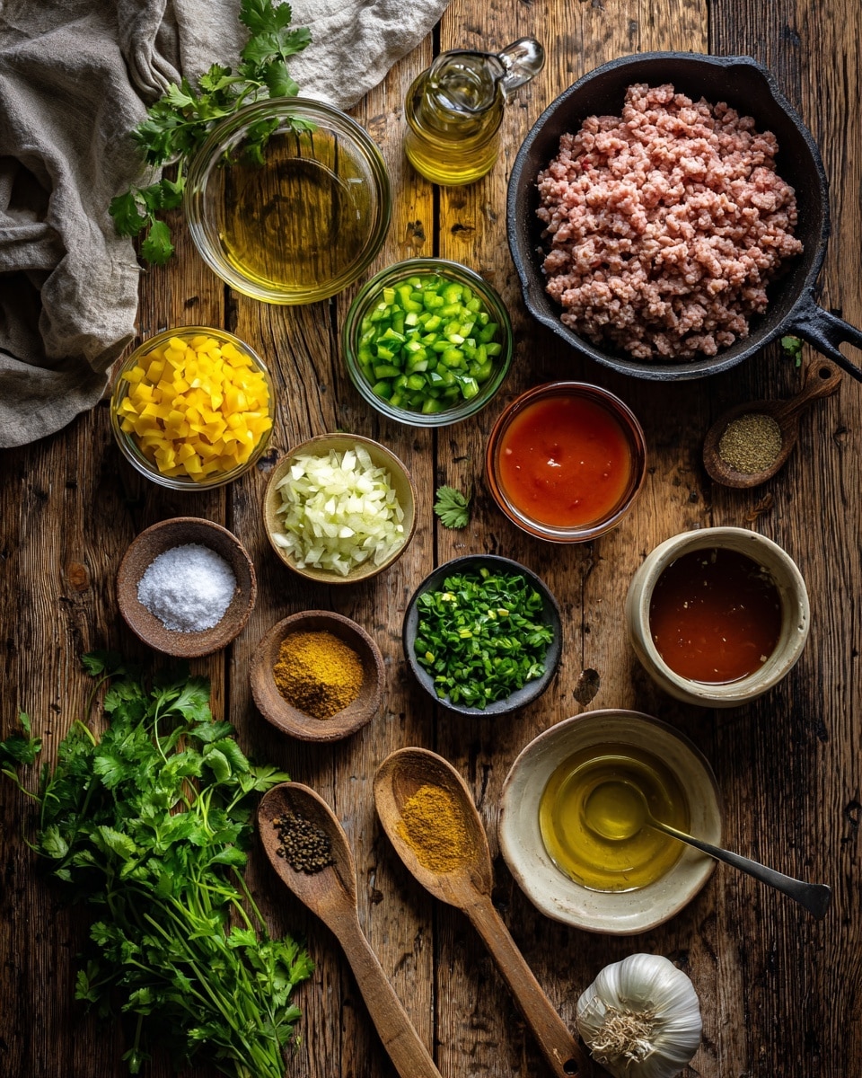 A black frying pan filled with cooked ground meat mixed with finely chopped white onions and green herbs. The dish has a textured look with small meat pieces evenly spread throughout the pan, layered with bits of green herbs and onion. A wooden spoon rests inside the pan on the right side, partially covered by the meat and herb mixture. The pan is placed on a white marbled surface. photo taken with an iphone --ar 4:5 --v 7