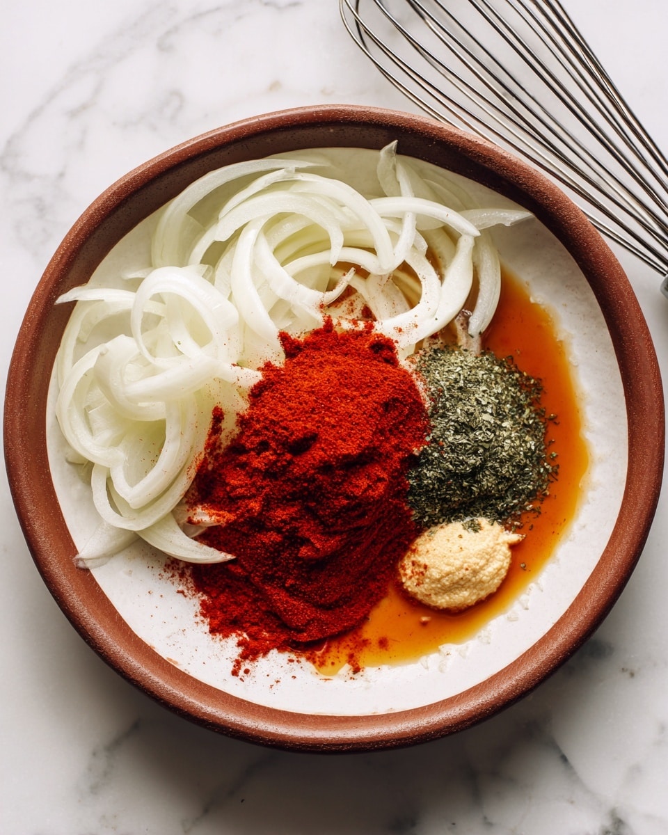 In the white bowl with a brown rim, there are several layers of ingredients arranged without mixing. On the left side, there is a pile of thin, pale white onion slices with a soft, slightly translucent texture. Next to the onions, towards the center and upper part, is a deep red powder spread in a semi-circle shape, rich and finely ground. Below the red powder, a vibrant red smooth sauce forms a circular layer that contrasts with the powder. To the right edge, a golden brown liquid, likely soy sauce, pools with small amounts of light beige mashed paste and a darker greenish tint seasoning, both seeming moist and thick. The bowl sits on a white marbled surface with a metal whisk partially visible on the top right side. Photo taken with an iphone --ar 4:5 --v 7