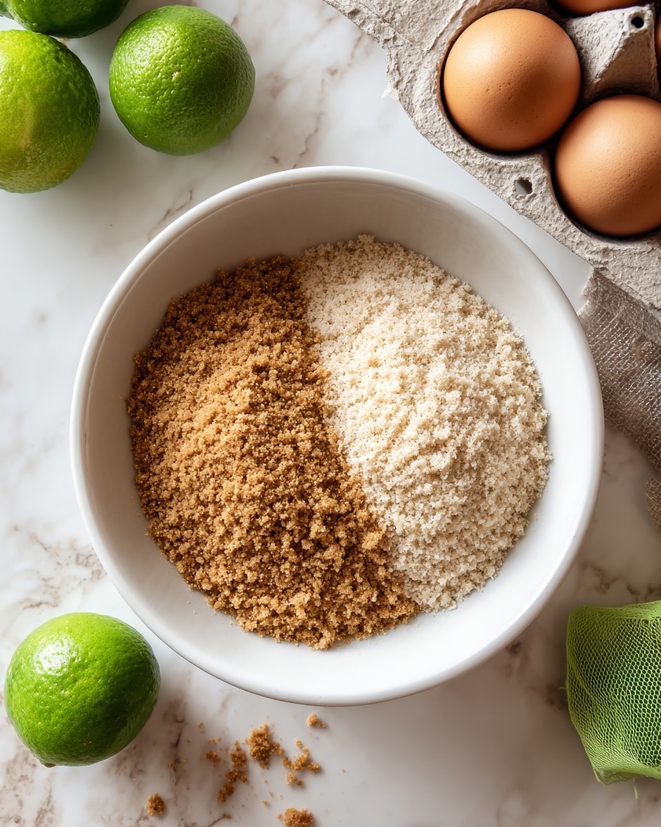 A white bowl placed on a white marbled surface contains two distinct ingredients separated into halves: the left half has a fine, light brown crumbly texture while the right half holds a grainy, off-white mixture that looks soft and moist. In the top right corner, part of an egg carton with brown eggs is visible, and at the bottom left, several bright green limes sit partly inside a green mesh bag with one lime slightly separated. Small crumbs and bits are scattered lightly around the bowl. Photo taken with an iphone --ar 4:5 --v 7