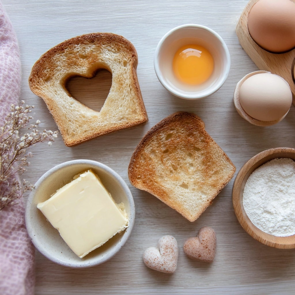 A single slice of light beige bread with a golden-brown crust sits on a round white plate. A metal circular cutter is pressed into the center of the bread, creating a perfect round shape. Around the plate on the white marbled surface are small dishes containing salt, black pepper, a stick of yellow butter, and a brown egg on a white plate with dark speckles. The setup is bright and clean, with soft even lighting. photo taken with an iphone --ar 4:5 --v 7