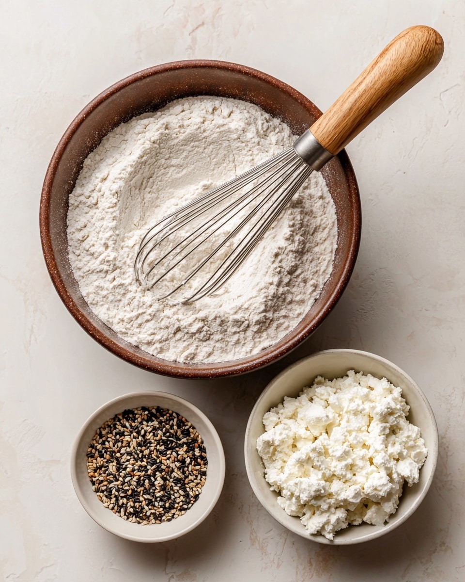 A large brown bowl filled with a white powdery flour layer, with a silver whisk that has a light wooden handle resting inside it on the right side. To the left, there is a small white bowl containing a mix of black, white, and beige seeds. On the right side, another white bowl holds a layer of white cottage cheese with a soft, bumpy texture. All items are set on a white marbled surface. photo taken with an iphone --ar 4:5 --v 7