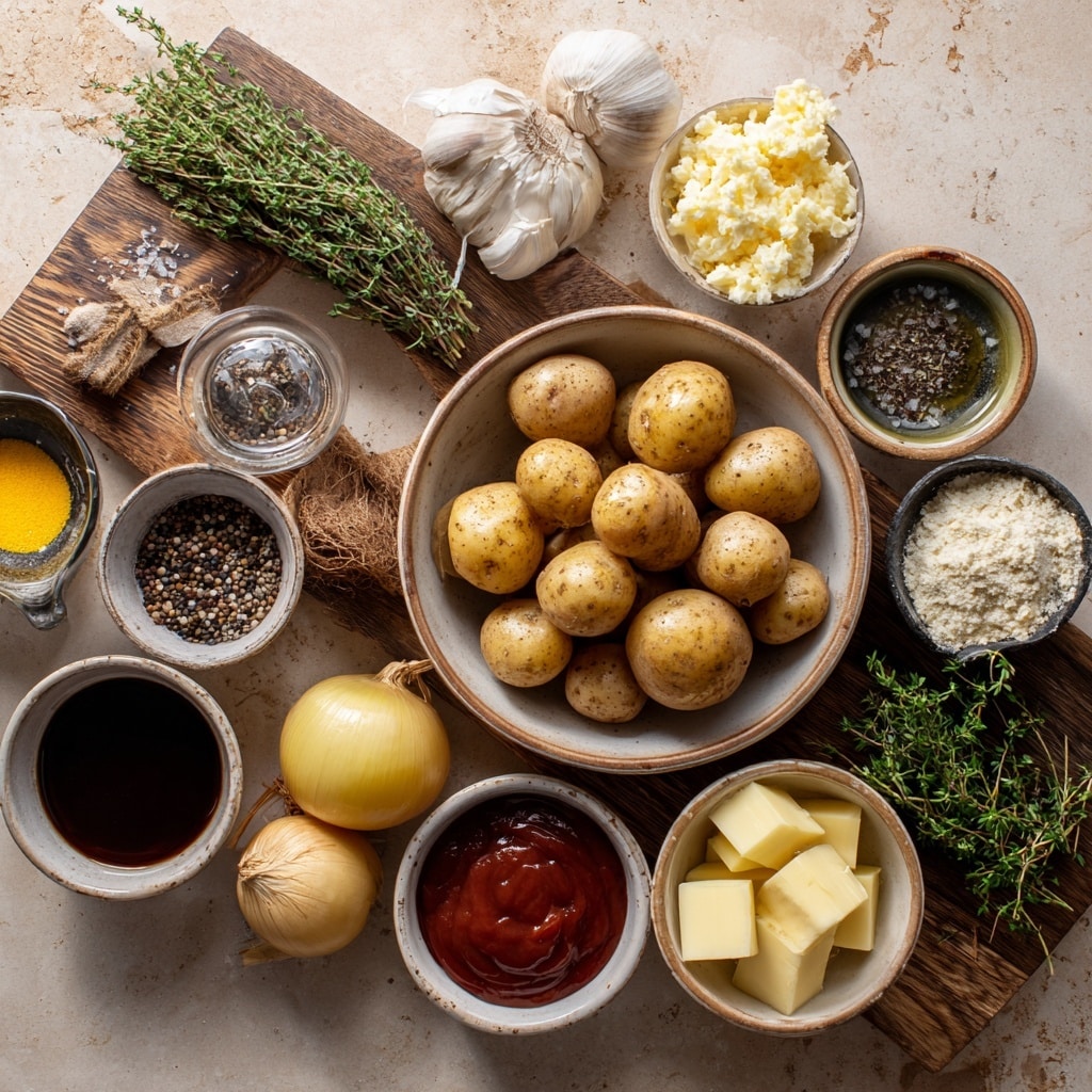 A clear glass bowl with a black rim sits on a white marbled surface. Inside the bowl are several yellow baby potatoes, each sliced in half, showing smooth yellow interiors and slightly speckled light brown skins. In the lower left corner, a woman's hand holds a small, white ceramic cup filled with golden olive oil, poised above the potatoes as if ready to pour. Nearby, a small white bowl with a reddish seasoning rests on the marbled surface. photo taken with an iphone --ar 4:5 --v 7