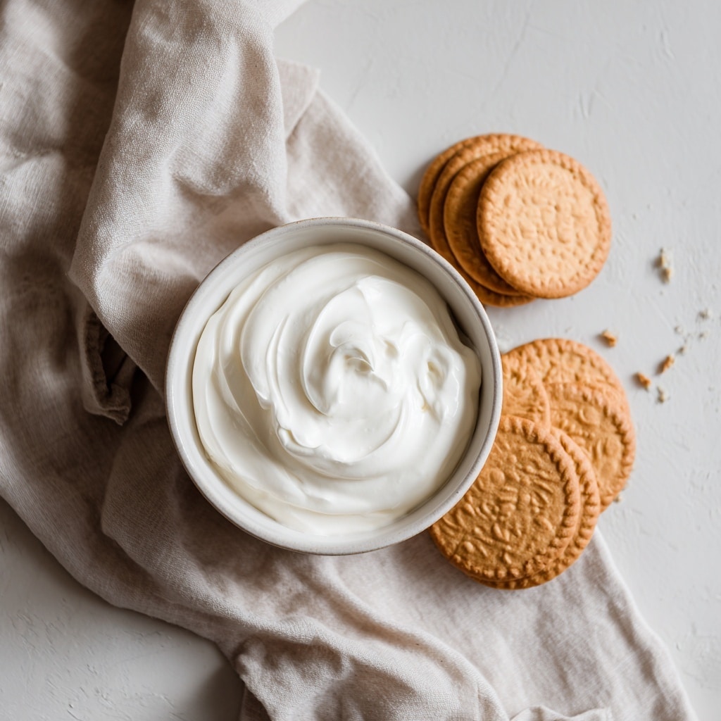 A clear glass cup is filled with a thick, smooth white cream showing soft swirls on the surface, placed on a white marbled texture. A woman's hand with dark purple nail polish is dipping a small beige cookie with a pattern into the cream. Around the cup, several more cookies lie flat, some broken, showing a slightly crumbly texture and similar beige tone. Photo taken with an iphone --ar 4:5 --v 7