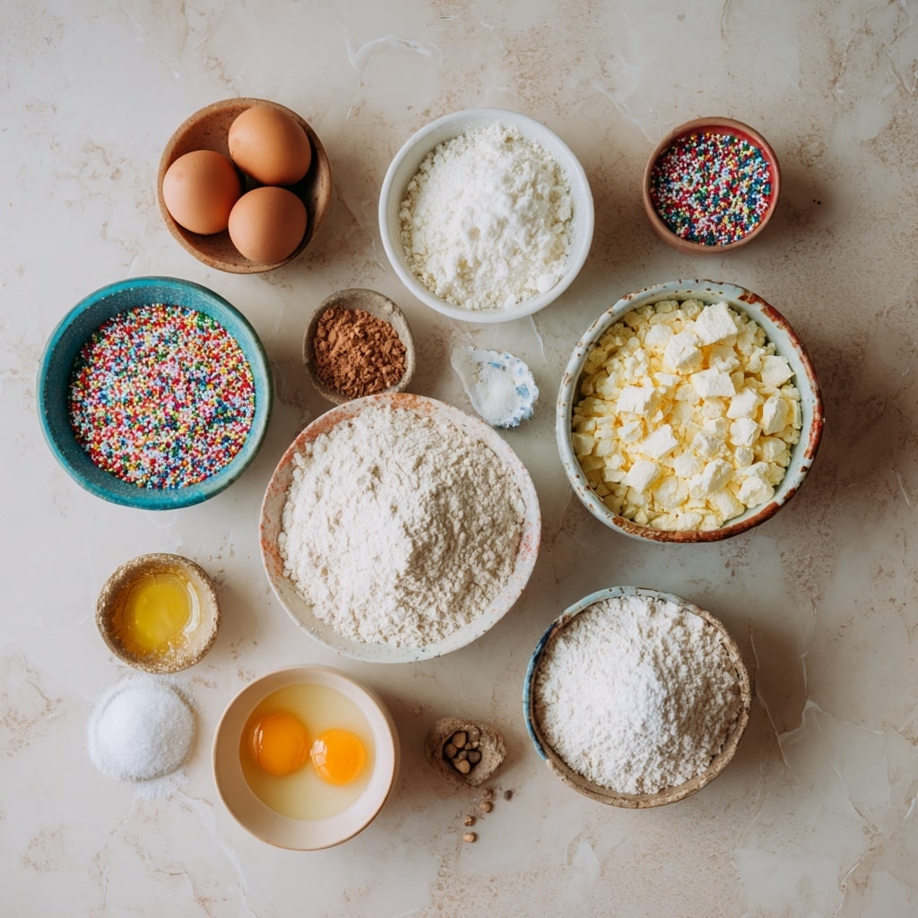 A stack of three donuts is shown on a white plate with a white marbled surface. Each donut has a dark chocolate glaze layer on top, covered with colorful rainbow sprinkles, giving a contrast of bright red, blue, yellow, green, orange, and white colors against the dark brown glaze. The top donut has a bite taken out, revealing a soft, light beige inside layer with a spongy texture. To the left, a white bowl filled with more rainbow sprinkles is slightly out of focus, and some sprinkles are scattered across the plate and surface. Part of a pink cloth is seen on the right side. Photo taken with an iphone --ar 4:5 --v 7