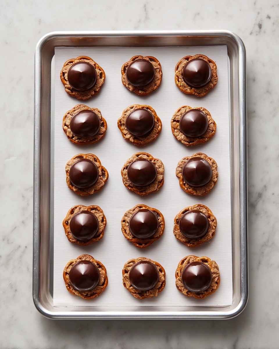 A white square plate holds a pile of treats made of three layers: the bottom layer is a small, golden orange pretzel with a shiny surface and a classic twisted shape; the middle layer is thick, smooth milk chocolate that partially covers the pretzel; and the top layer is a large, slightly ridged dark brown pecan half, placed flat on the chocolate. Around the plate, several plain pretzels lie on a white marbled surface. In the top left corner, part of a white cloth with black dashed lines is visible. The photo taken with an iphone --ar 4:5 --v 7