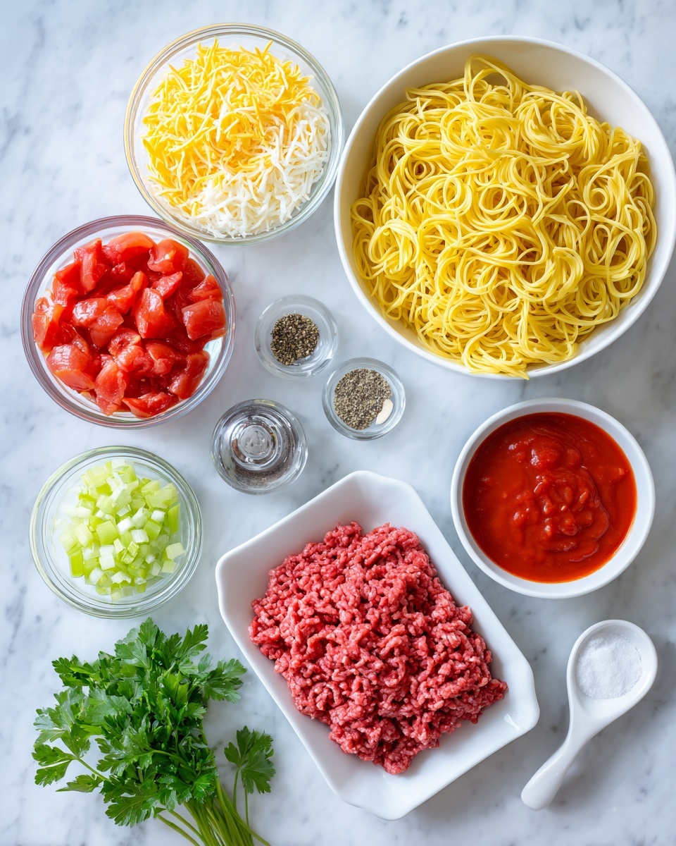 A black skillet with a silver handle and black grip sits on a white marbled surface, filled with cooked ground meat mixed with translucent, cooked onion pieces spreading to the edges. On top of the meat, there is a thick, bright red tomato sauce covering a few orange chunks of vegetable, likely carrots, in the center. The sauce has a smooth and slightly shiny texture, contrasting with the crumbly, browned meat and soft onion bits underneath. Photo taken with an iphone --ar 4:5 --v 7