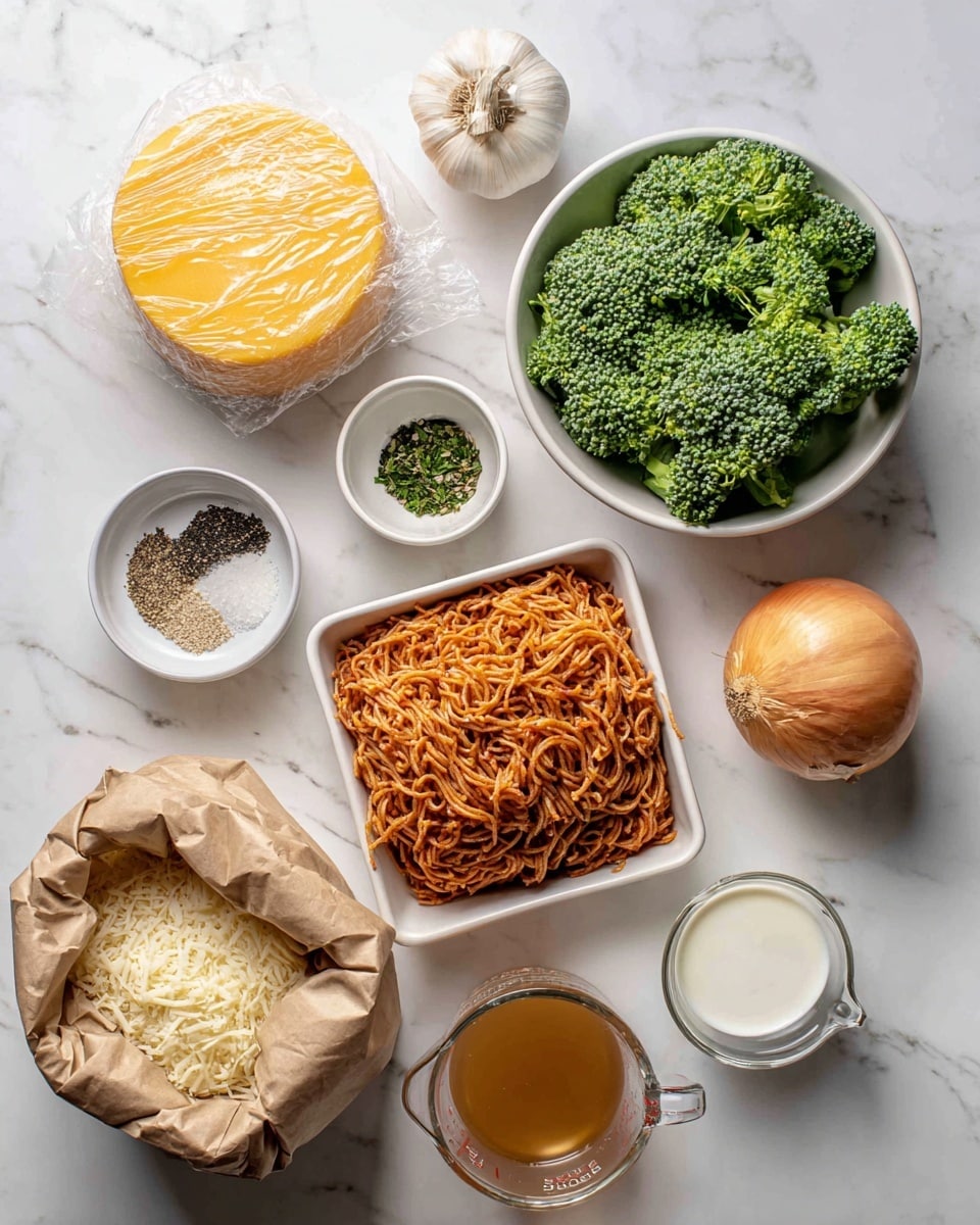 The image shows cooking ingredients arranged on a white marbled surface. There is a round yellow cheese wheel wrapped in plastic at the top left, next to a whole garlic bulb. Below that, there's a small round bowl with black pepper, salt, and green herbs. To the right, a white bowl is filled with fresh green broccoli florets. Next to it, a large rectangular tray contains reddish-orange, finely ground meat. On the left side, a beige paper bag holds long, twisted pasta with an open window showing the pasta inside. Toward the bottom of the image, there's a small white bowl filled with grated cheese, a glass measuring cup with light brown broth, and another glass measuring cup with white cream. A whole onion sits to the right side. All items are clean and clearly visible, photographed with soft natural lighting photo taken with an iphone --ar 4:5 --v 7