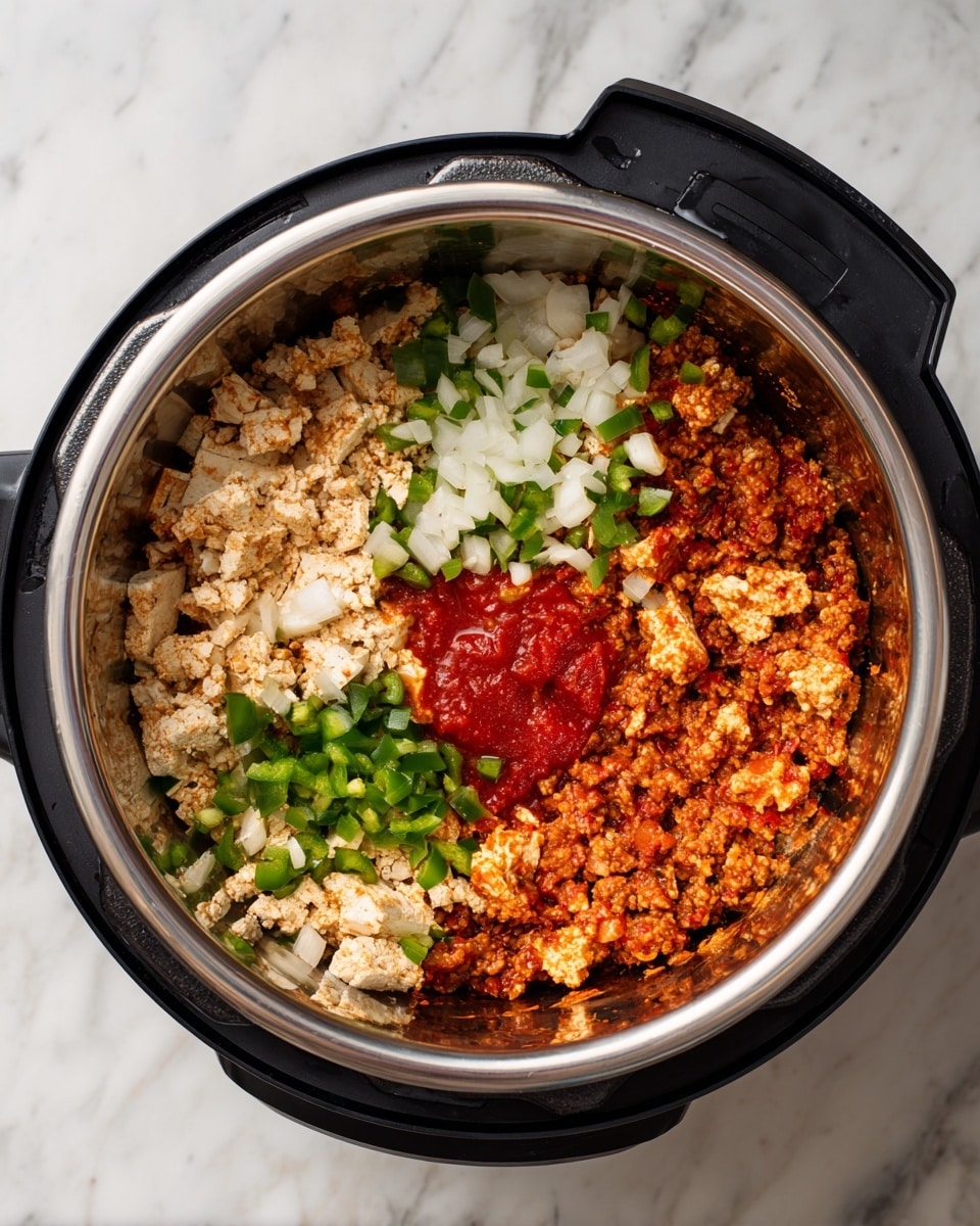 The image shows a white plate with light pink ground chicken in the middle. Around it are small white bowls holding red ketchup, finely chopped white onions, chopped green jalapeños, yellow mustard, minced garlic, dark soy sauce, and a clear golden oil. There is also a small white plate with salt, black pepper, and red paprika powder, and a small clear bowl with thick red tomato paste. Lastly, there is a gold measuring cup with a green liquid, all placed on a white marbled surface. photo taken with an iphone --ar 4:5 --v 7