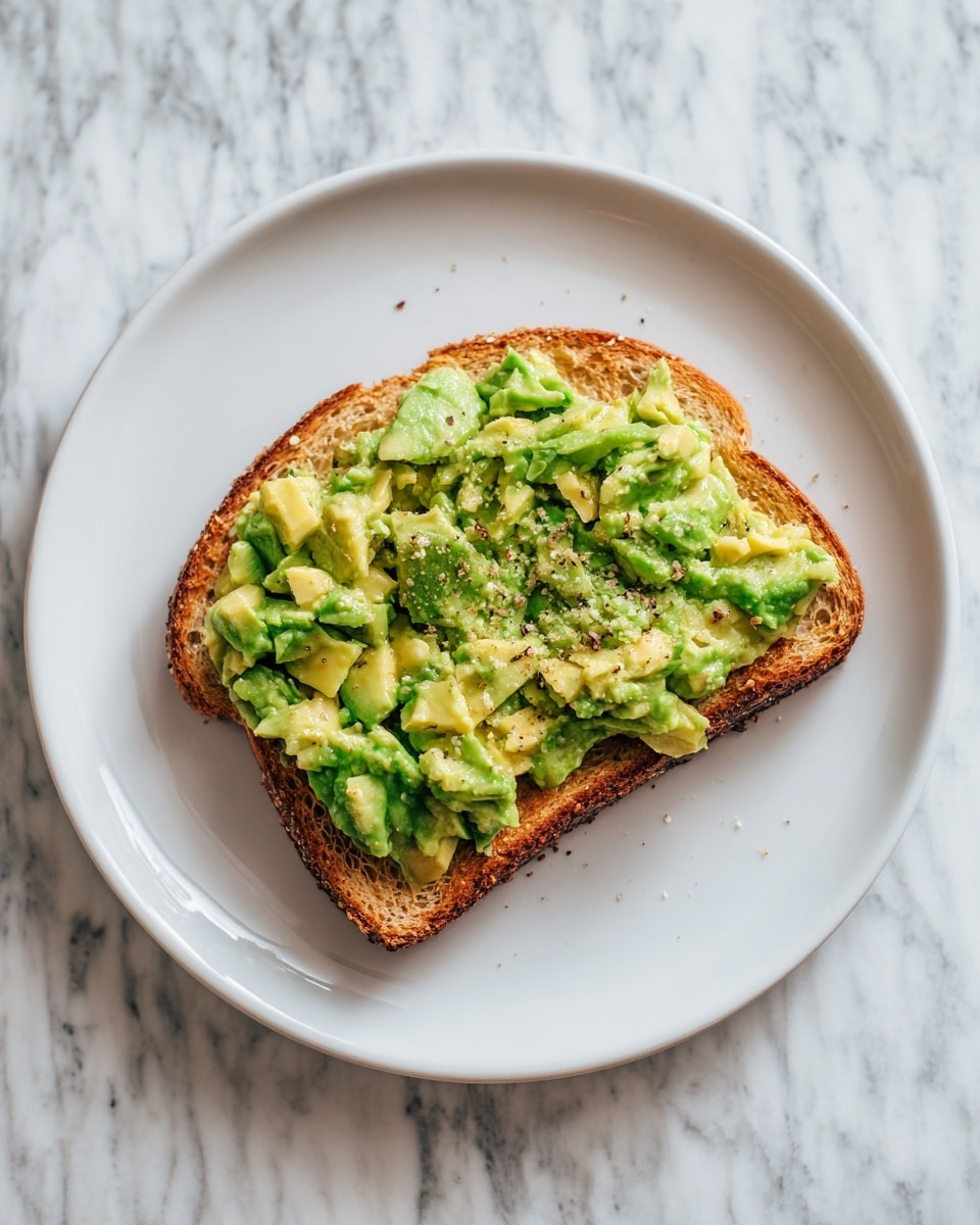 A single slice of toast sits on a white plate. The toast is golden brown with slightly darker, crispier edges. On top, there is a generous spread of smashed avocado, showing different shades of green, with small chunks and creamy parts mixed together. The avocado layer covers almost the entire slice, leaving a thin border of toast visible around it. The toast and plate rest on a white marbled surface. photo taken with an iphone --ar 4:5 --v 7