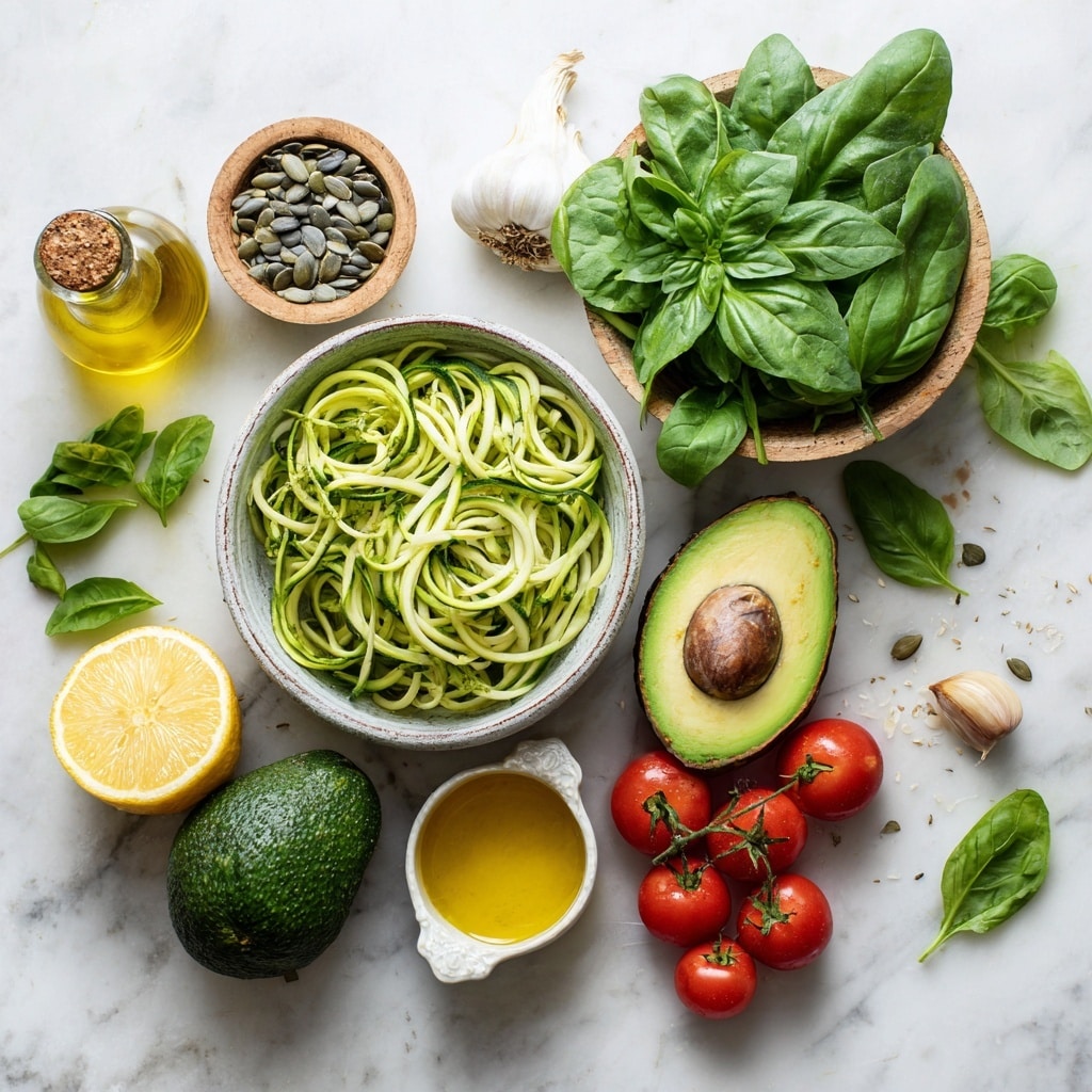 The image shows a white bowl filled with green pasta noodles coated in a smooth, creamy green sauce. On top of the pasta, there is a cluster of shiny, red cherry tomatoes still attached to the vine, placed centrally as the top layer. Small brown seeds or nuts are scattered over the noodles, adding a textured look. A gold fork is partly inserted into the pasta on the right side of the bowl. The bowl is set on a white marbled surface. Photo taken with an iphone --ar 4:5 --v 7