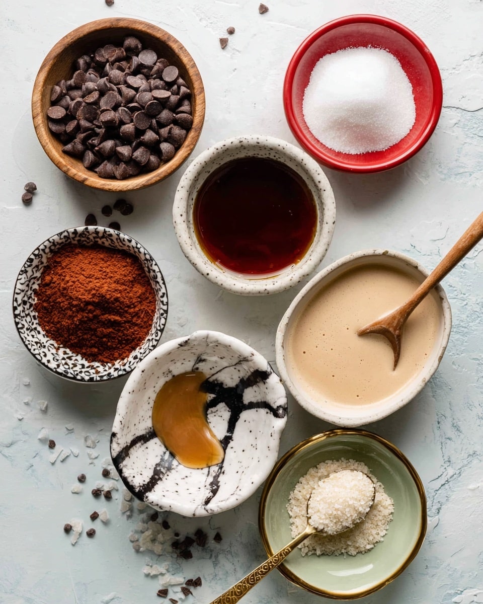 The image shows seven bowls and plates with different ingredients on a light blue surface. At the top left is a wooden bowl filled with dark brown chocolate chips. Below it, there is a white bowl with black splatters filled with a dark amber syrup. To the right of the syrup is a small white speckled bowl with a creamy tan liquid and a wooden spoon resting inside it, with some of the liquid spilled beside it. Above the creamy bowl is a small red bowl filled with a fluffy white powder. To the left of the red bowl is a white bowl with a black pattern filled with a reddish-brown powder, likely cocoa. At the bottom right is a green bowl filled with light tan granulated sugar. At the top right, there is a white plate with a gold rim, holding a dark spoon containing white granules, and a small white spoon with a white powder, with a few chocolate chips scattered around. The background is a white marbled texture. Photo taken with an iphone --ar 4:5 --v 7