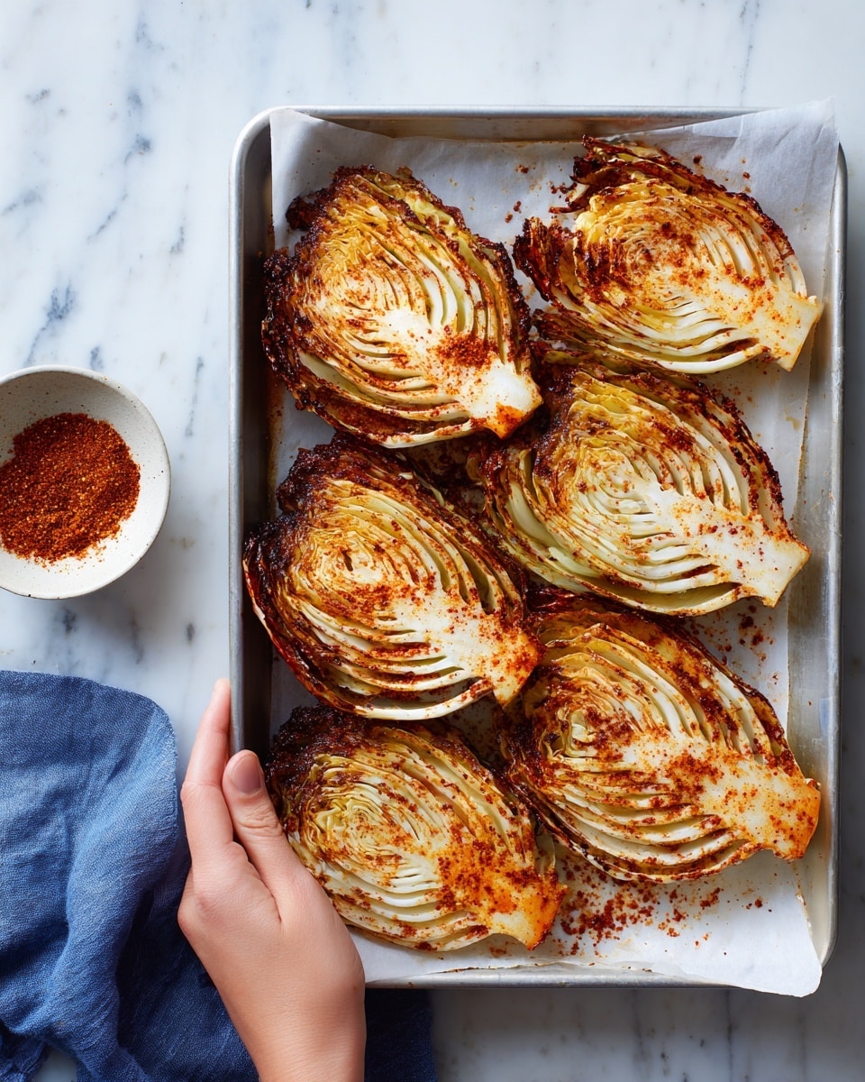 The image shows a baking tray lined with white paper and filled with several wedges of roasted cabbage. Each cabbage wedge has many thin layers, with the outer layers browned and slightly charred, giving a mix of dark brown and golden colors. The inner layers are lighter, with creamy white to light orange shades. There is a dusting of reddish seasoning spread over the cabbage wedges. A woman's hand is holding the edge of the tray from the bottom, and next to the tray on the white marbled surface is a small white bowl filled with the same reddish seasoning. A crumpled blue cloth is partially visible near the bottom left corner. The photo taken with an iphone --ar 4:5 --v 7