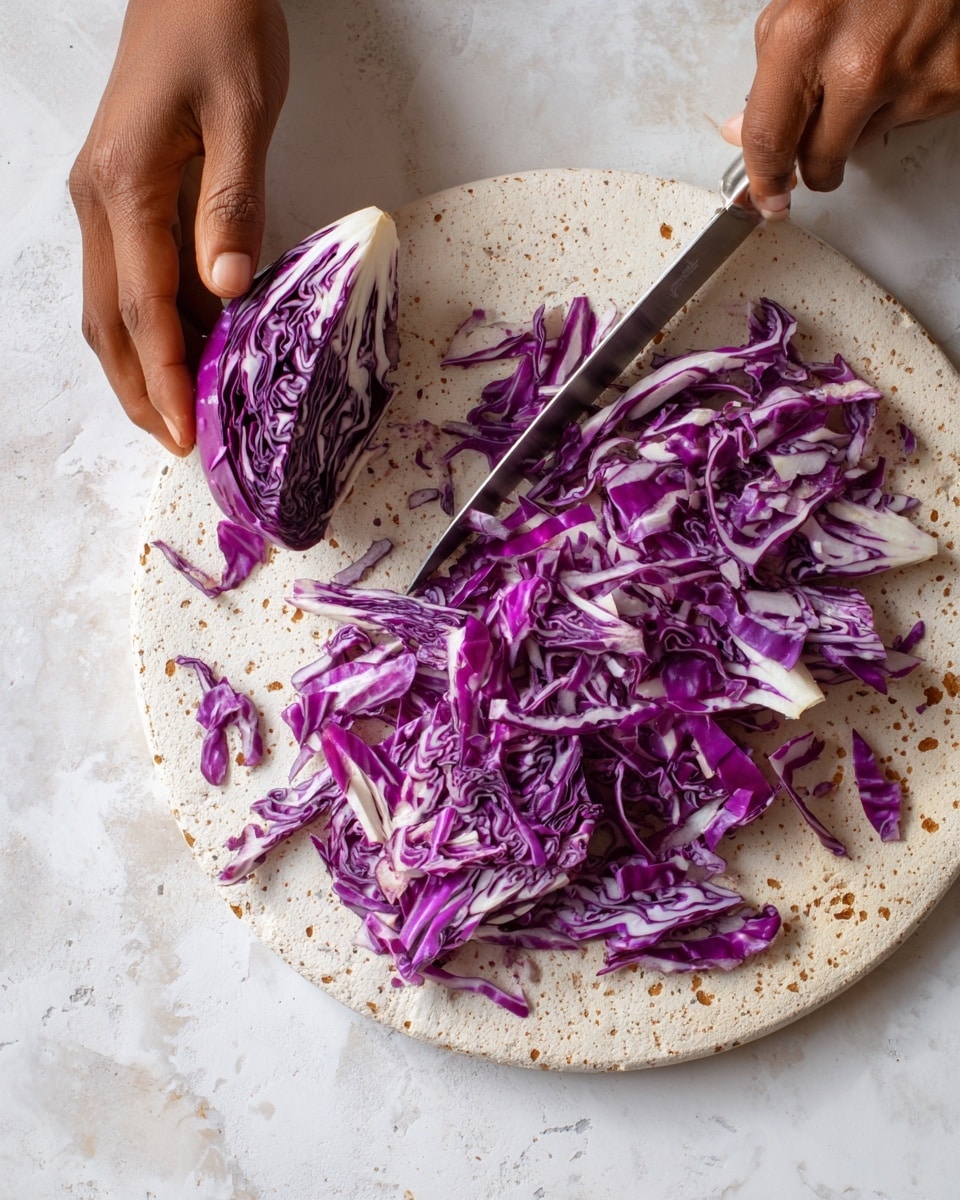 A woman's hand is holding a wedge of purple cabbage with white veins, while another woman's hand is slicing it with a knife. The cabbage is placed on a round white and light brown cutting board with speckled patterns. Thin, long strips of the purple cabbage are scattered on the cutting board, showing bright purple and white colors with a textured, leafy look. The surface beneath is a white marbled texture. photo taken with an iphone --ar 4:5 --v 7