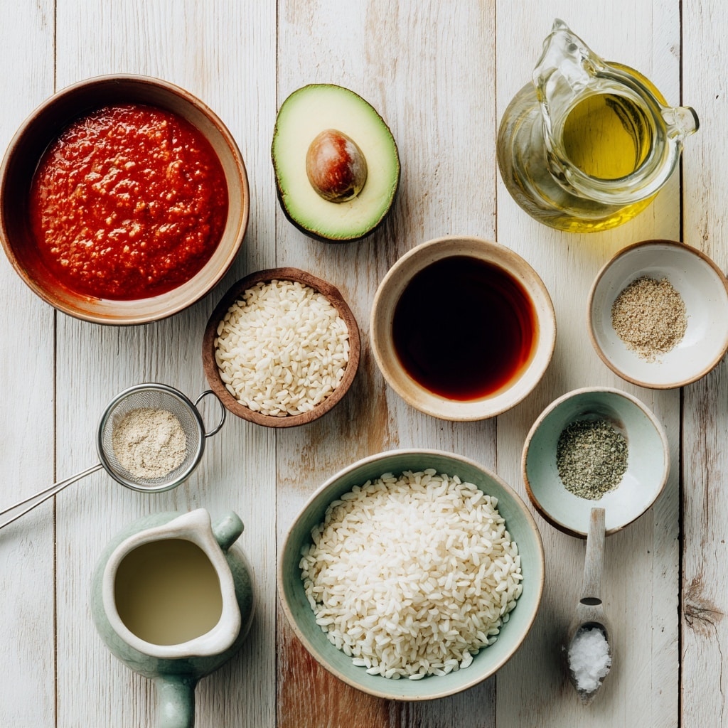 A large white pan with yellow handles holds a single layer of raw white rice grains spread evenly across it, covering most of the surface except for a small area where a pale yellow oil pool sits. The pan rests on a white marbled surface, with part of a small bowl containing red ingredients visible at the bottom edge. The image is bright and clear, showing the smooth texture of the pan and the fine grains of rice. photo taken with an iphone --ar 4:5 --v 7