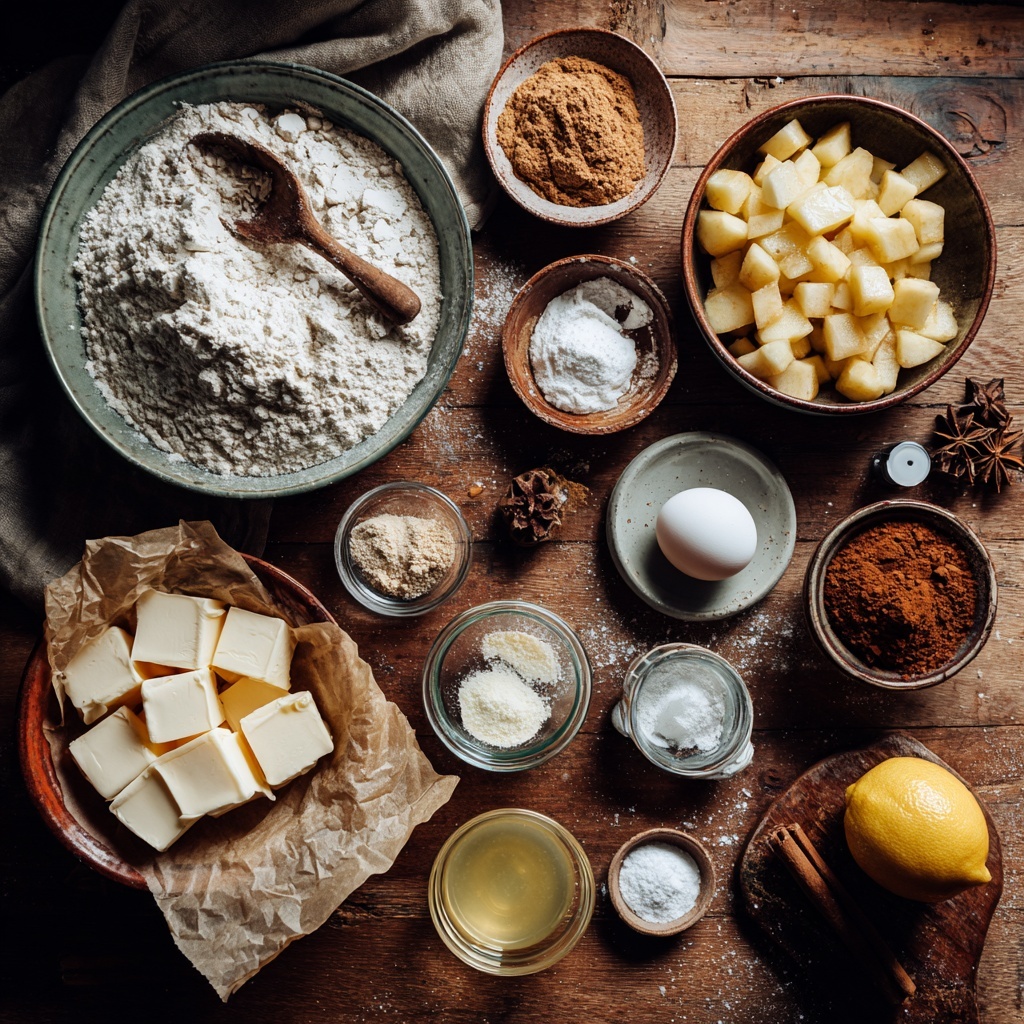 A clear glass bowl on a white marbled surface holds several layers of ingredients for baking. The bottom layer is a ring of light beige flour that lines the inside edge of the bowl. In the center, there is a pool of golden liquid mixture which looks slightly bubbly, topped with many small cubes of pale yellow butter scattered evenly across the liquid. The textures contrast between the powdery dry flour, the smooth liquid, and the solid butter cubes. Photo taken with an iphone --ar 4:5 --v 7