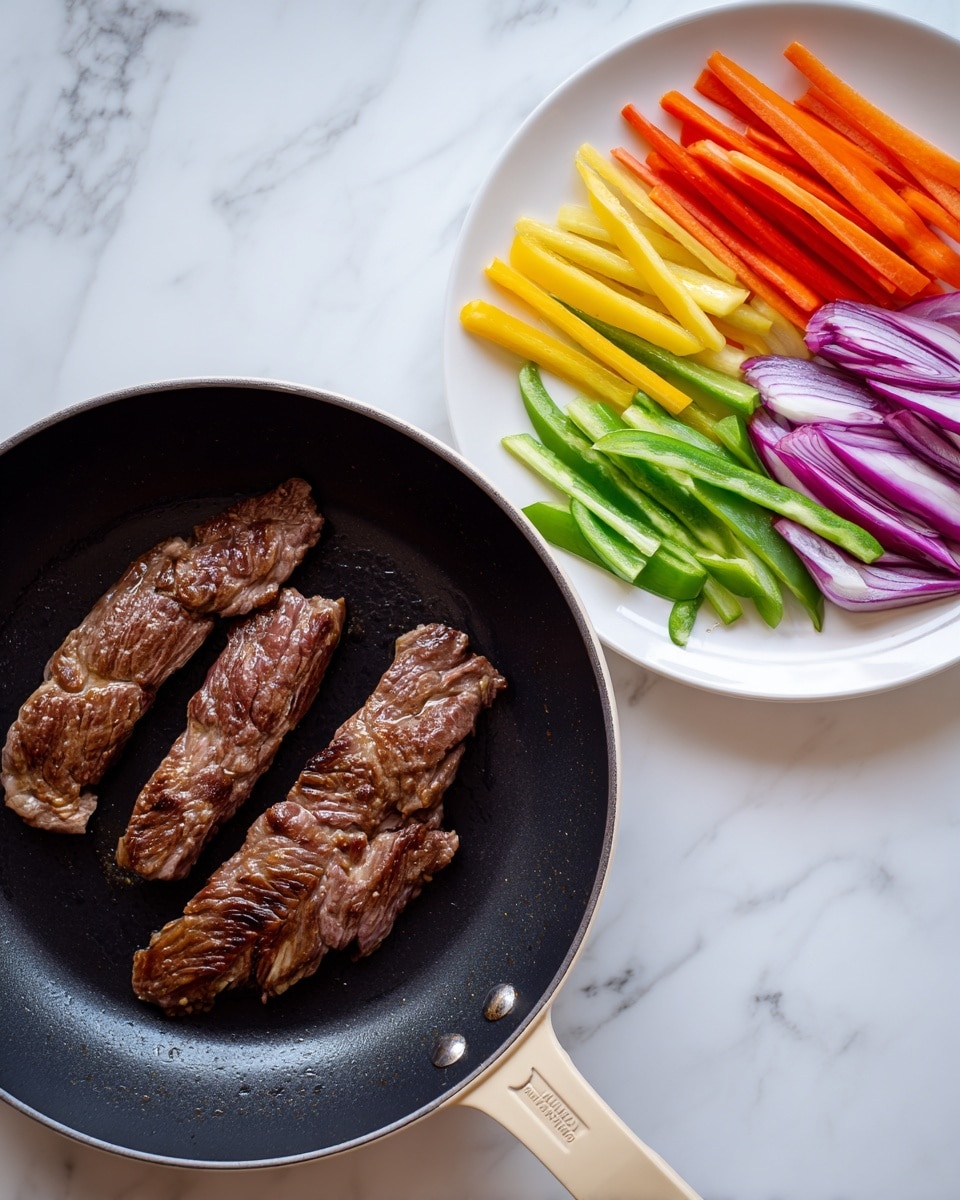 The image shows two parts. On the left, there are two pieces of raw meat covered with a red and brown spice mix lying flat on a white speckled round plate, placed on a white marbled surface. The pieces have rough, uneven edges and a textured surface from the spices. On the right, the same two meat pieces are inside a clear plastic zip-lock bag, soaking in a reddish-brown liquid marinade. The bag is placed flat on the same white marbled surface, showing some liquid pooling around the meat inside the bag. photo taken with an iphone --ar 4:5 --v 7