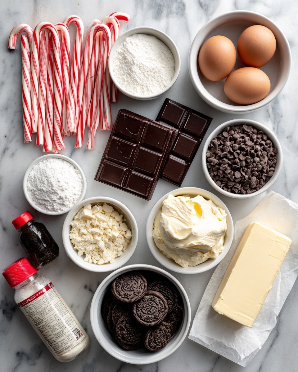 The image shows ingredients neatly arranged on a white marbled surface. There are two brown eggs in a small white bowl at the top right. Next to them are two pieces of dark chocolate, placed flat on the surface. On the left side, several red and white striped candy canes lie in a small pile. Small white bowls hold different items: one has white powdered sugar, another contains cream cheese, another full of brown chocolate chips, one with vanilla extract, and another with sugar. A bottle of red-capped peppermint extract sits near the bottom left. A white bowl contains crushed chocolate sandwich cookies, while another has white milk. A stick of butter wrapped in paper is placed on the bottom right corner. Photo taken with an iphone --ar 4:5 --v 7