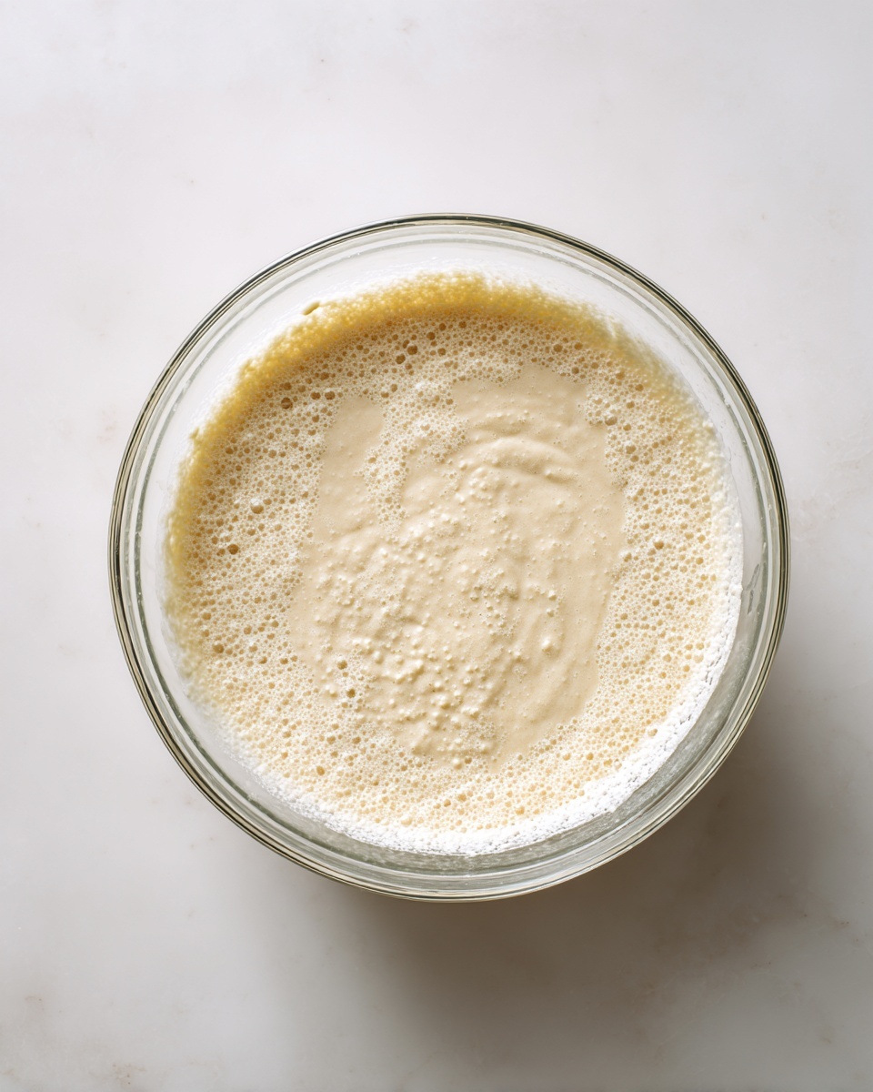 A clear glass bowl holds a single layer of light tan batter with a slightly lumpy and frothy texture, showing small bubbles on the surface. The bowl is placed on a white marbled surface. The image is well-lit with soft shadows around the bowl, and the view is from above, capturing the full round shape of the bowl and the smooth, swirled pattern of the batter inside photo taken with an iphone --ar 4:5 --v 7
