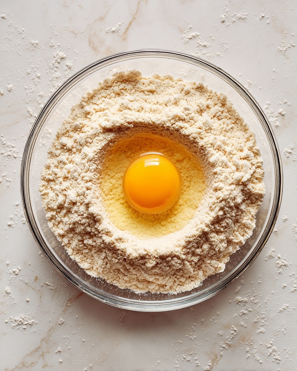 A clear glass bowl sits on a white marbled surface filled with a light beige dry mix that looks like finely ground flour. In the center of the dry mix, there is one whole raw egg with a bright yellow yolk surrounded by clear egg white. The dry mix forms a ring around the egg, creating a clear separation between the two textures. The scene is brightly lit, showing soft shadows and fine details of the powder and egg surface. photo taken with an iphone --ar 4:5 --v 7