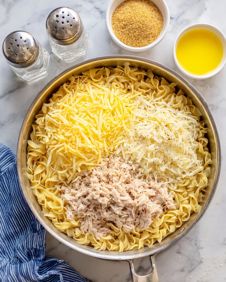 A metal pot sits on a white marbled surface, filled with wide egg noodles at the bottom layer, topped with a thick layer of shredded yellow and white cheese on the left, a mound of shredded light brown tuna on the right, and a creamy light beige sauce below the pepper and salt seasoning which is sprinkled in the center. To the top right of the pot, there are two small white bowls, one with yellow melted butter and the other with light brown breadcrumbs. To the top left are glass salt and pepper shakers with silver tops. A blue and white striped cloth is partially visible at the bottom left corner. photo taken with an iphone --ar 4:5 --v 7