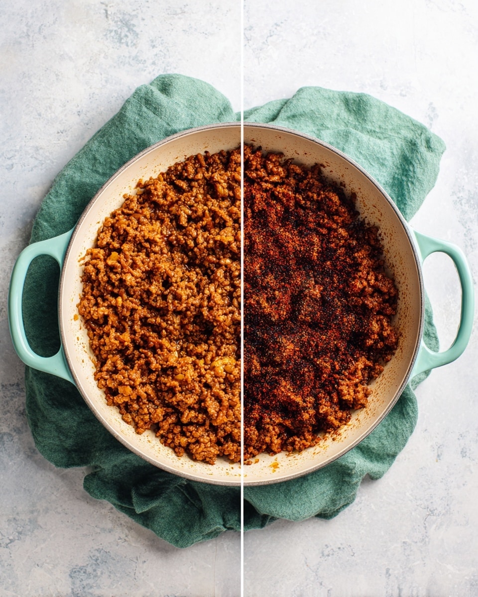 The image shows a two-panel photo featuring a round white pan with light blue handles sitting on a green cloth on a white marbled surface. The left panel displays cooked ground meat, spread evenly across the bottom of the pan with a brown color and crumbly texture. The right panel shows the same cooked ground meat with dark red seasoning sprinkled mainly in the center, creating a contrast with the brown meat around it. The pan has light browning on the sides where the meat touches the surface. photo taken with an iphone --ar 4:5 --v 7