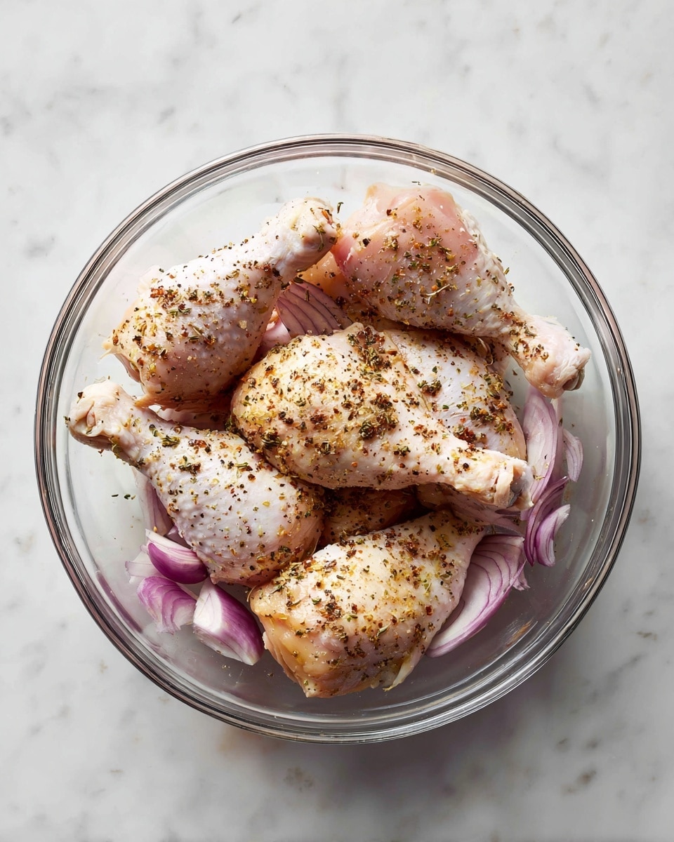 A clear glass bowl holds five raw chicken drumsticks and thighs, mostly off-white with a slightly pink hue, covered with thin slices of purple-red onion scattered on top and mixed throughout. The chicken pieces are sprinkled evenly with dark brown spices, giving a textured, speckled look. The bowl is placed on a white marbled surface, visible through the transparent glass with some onion slices leaning against the bowl edges. photo taken with an iphone --ar 4:5 --v 7