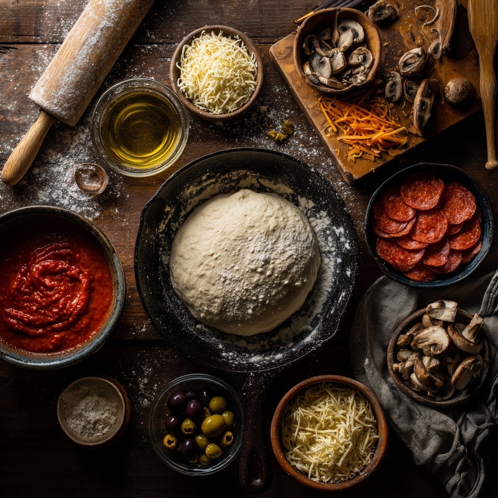 A single smooth layer of pale, light beige dough evenly spread inside a round black cast iron skillet, creating soft dimples and gentle folds across its surface, with the skillet handle labeled