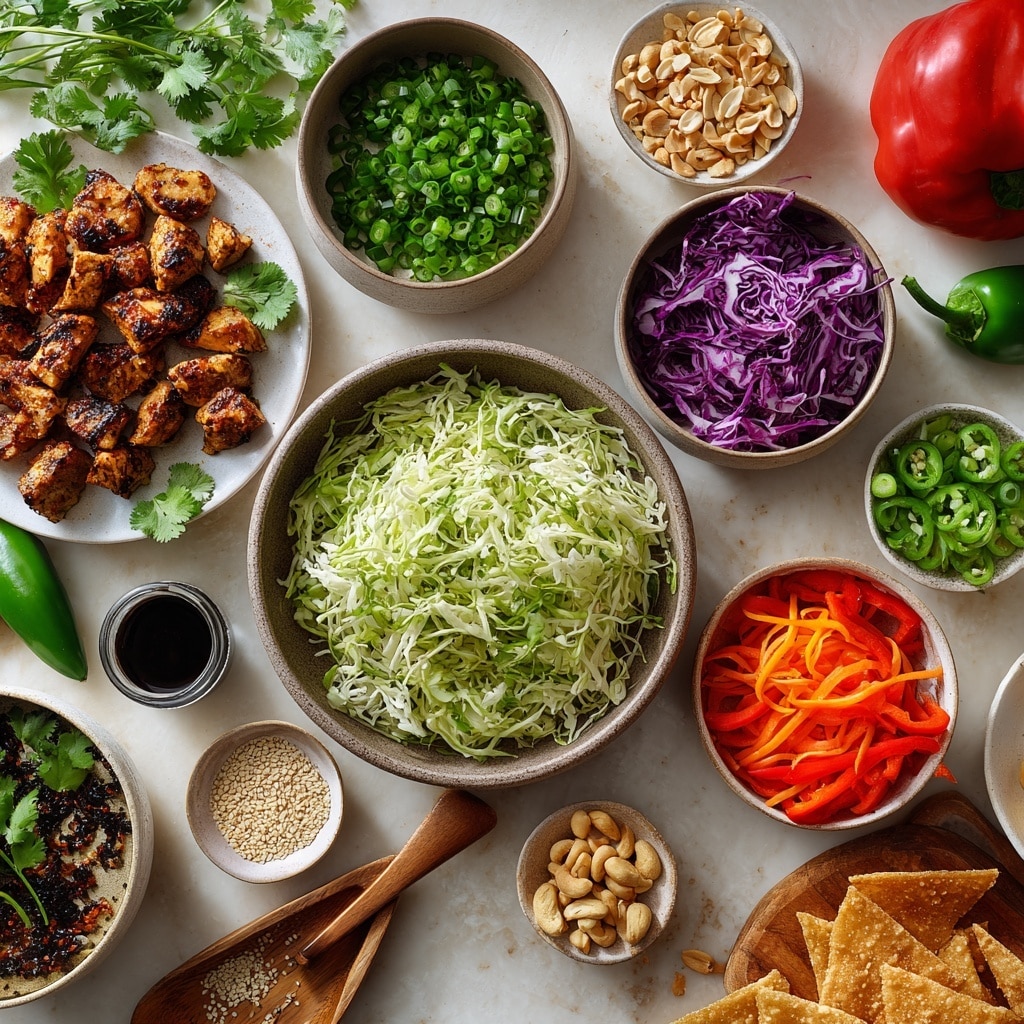 A white bowl sits on a white marbled surface, filled with seven different layers of chopped fresh vegetables arranged in a circular pattern. Starting from the top left going clockwise, there is bright purple shredded cabbage, pale green shredded cabbage, chopped green bell peppers, thin orange carrot sticks, chopped green onions, sliced green spring onions, and a pile of finely chopped dark green cilantro in the center. A stream of smooth brown dressing is being poured over the center, coming from a small metal container held above the bowl. A spoon is placed near the bowl on the surface. Photo taken with an iphone --ar 4:5 --v 7