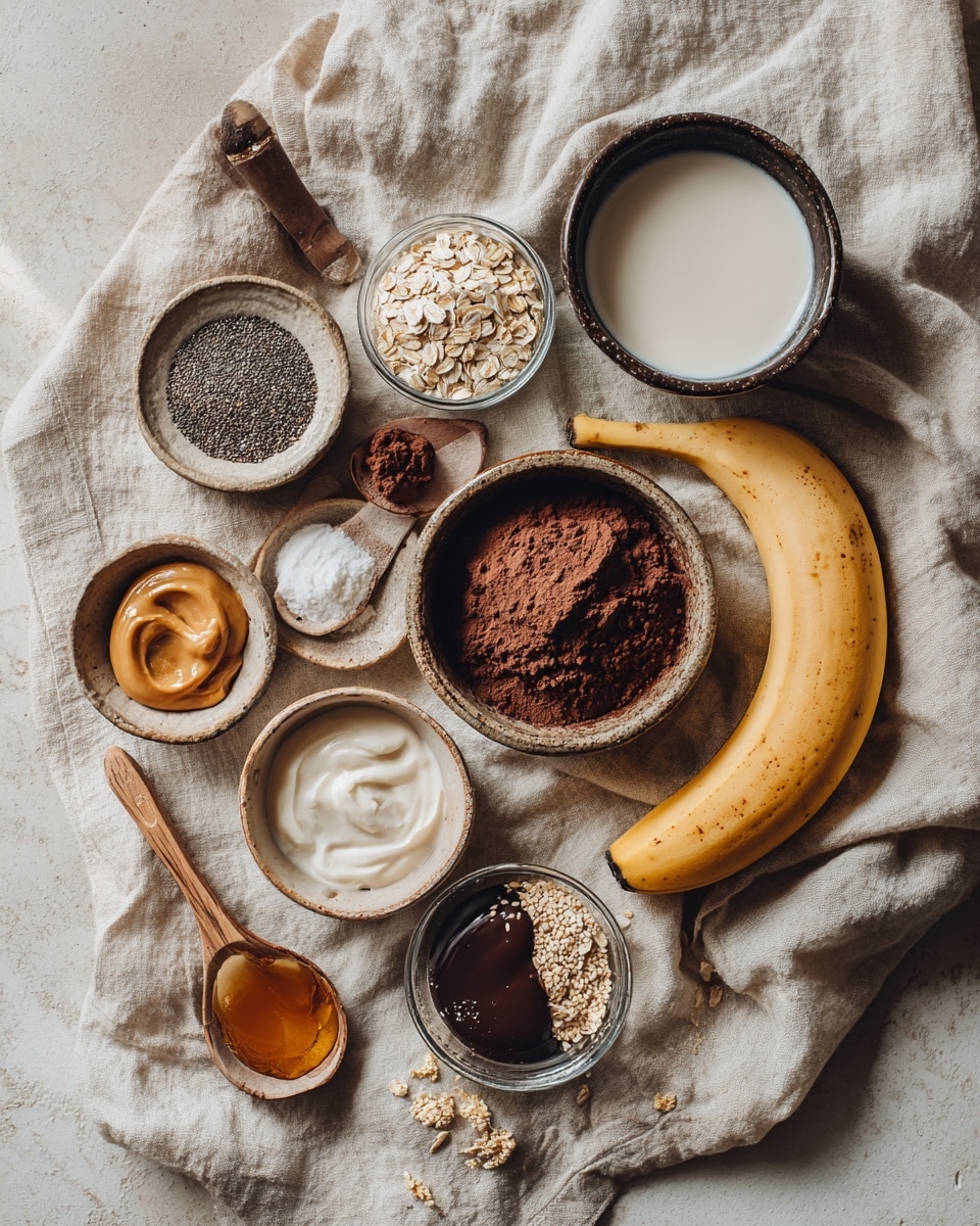 The image shows a small white bowl filled with a dark chocolate pudding layer at the bottom, topped with swirls of light brown peanut butter sauce spread across the surface, creating a marbled effect. Two halved fresh strawberries with bright red color and visible seeds rest on the edge of the bowl. The bowl sits on a white marbled surface, with whole strawberries nearby and a blurred background of green leaves and a colorful striped pot. A woman's hand with light pink nails is partially visible at the bottom right corner. Photo taken with an iphone --ar 4:5 --v 7
