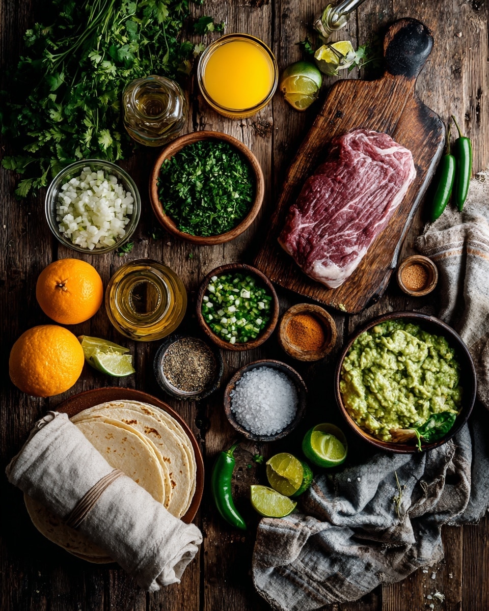Three grilled tortillas with dark char marks are arranged on a green plate. Each tortilla is filled with a layer of mashed green guacamole topped with slices of pinkish-red grilled meat, sprinkled with small white onion pieces and green herbs. Two lime wedges sit beside the tacos on the plate. Behind this plate, a wooden board holds a white scalloped plate with thin slices of pinkish-red grilled meat. Small black and blue bowls nearby contain guacamole and a red salsa with visible diced tomatoes and herbs. The whole scene is set on a white marbled surface with a patterned cloth nearby. Photo taken with an iphone --ar 4:5 --v 7