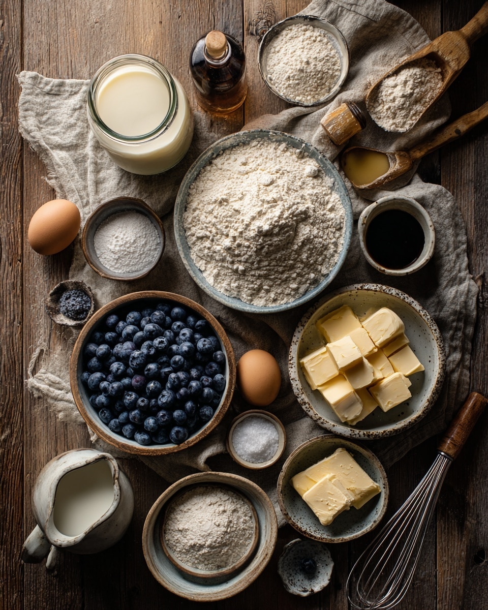 A clear glass bowl sits on a white marbled surface, filled with thick, light beige batter mixed with many whole blue and round blueberries. A wooden spoon with a long handle is placed inside the bowl, resting on the batter with some batter stuck to it. Around the bowl, scattered fresh blueberries are spread on the white marbled texture. In the top left corner, there is a small white cup holding more fresh blueberries, and in the top right corner, a white plate holds a white bowl filled with blueberries. The colors are soft and natural, with the blueberries' deep blue standing out against the pale batter and white dishes. Photo taken with an iphone --ar 4:5 --v 7