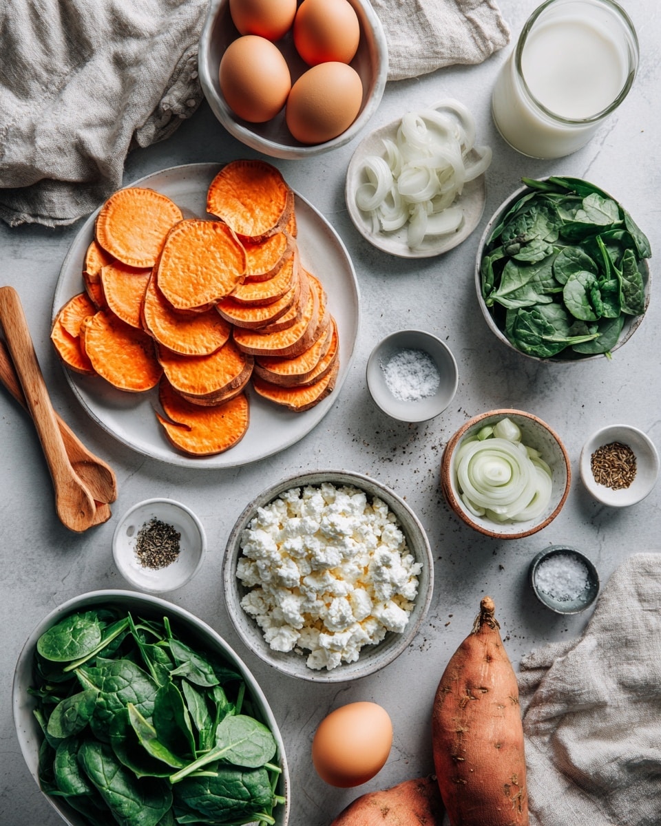 A round baked dish in a white scalloped ceramic pie plate with a blue and green floral pattern around the edge. The dish has one main layer of a golden-yellow egg mixture with visible browned cheese on top, interspersed with green spinach leaves and small bits of red tomato throughout. Around the edges inside the plate, orange slices of what looks like roasted sweet potato form a scalloped border. The pie plate sits on a light gray cloth with fresh spinach leaves scattered nearby, two brown eggs resting on the cloth, and a silver fork and knife placed to the right on a white marbled surface. Photo taken with an iphone --ar 4:5 --v 7