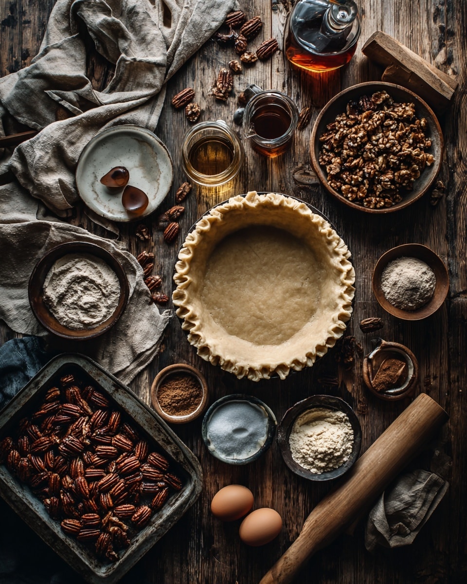 A round pecan pie with a golden flaky crust sits on a white plate with a thin gold rim, placed on a white marbled surface. The pie is cut into six slices, with one slice slightly pulled out, showing an inside layer filled with a rich, dark caramel-colored filling topped with evenly arranged whole pecans, their shells a shiny reddish-brown. The crust edge is crimped and flaky, adding texture around the pie’s perimeter. Scattered whole pecans surround the plate and a glass container of syrup is nearby. photo taken with an iphone --ar 4:5 --v 7