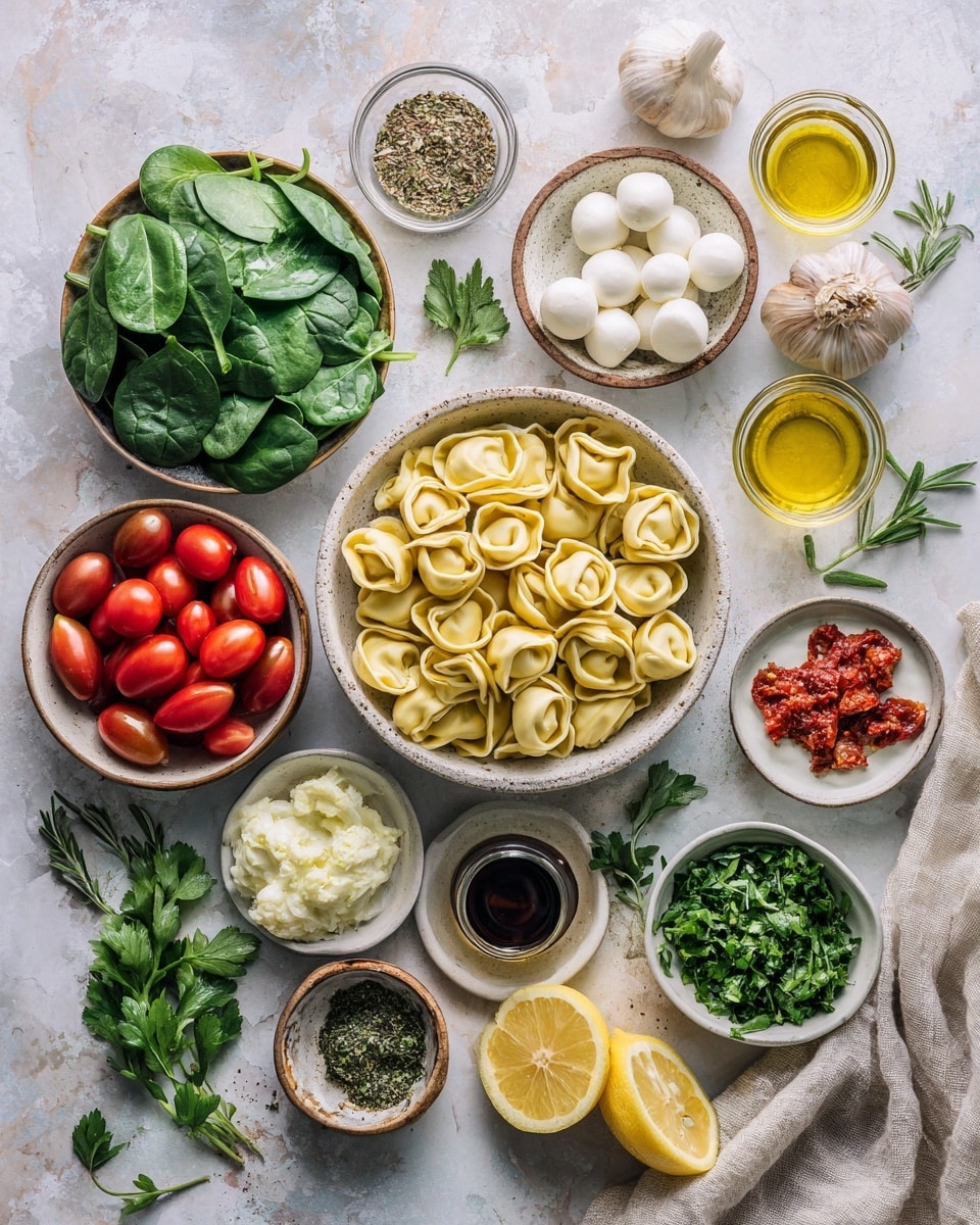 A clear glass bowl is filled with several colorful layers of fresh ingredients, arranged in distinct sections. The top right section has pale yellow tortellini pasta with a smooth and slightly curled texture. Next to it on the right side are small green chopped scallions showing a fresh look. Below the scallions, there is a leafy bunch of bright green parsley with jagged edges. To the bottom right, there are shiny black olive slices layered over some halved red cherry tomatoes with a smooth skin. The bottom left section contains dark brown sun-dried tomatoes with a wrinkled and rough texture. Above them is a bunch of fresh, whole dark green spinach leaves with visible veins. In the center near the middle, there are small white mozzarella balls with a soft and smooth texture. All of this is placed on a white marbled surface photo taken with an iphone --ar 4:5 --v 7