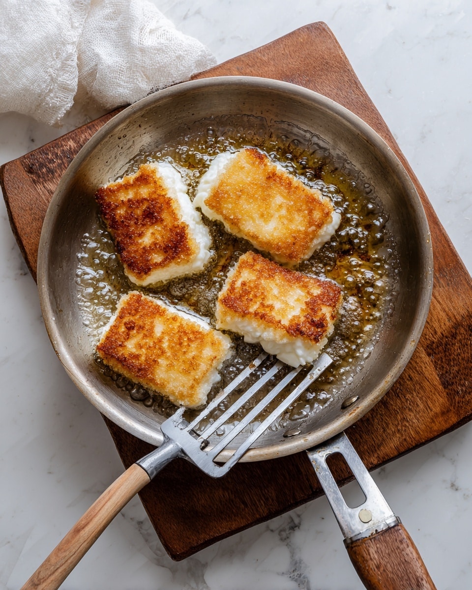 A round metallic pan on a wooden board with five pieces of golden brown and white fried cheese slices scattered inside. Three pieces have a crispy golden brown top layer, while the other two remain white and soft in the pan’s hot oil. Next to the pan on the right lies a metal spatula with a wooden handle. The background surface is a white marbled texture. photo taken with an iphone --ar 4:5 --v 7