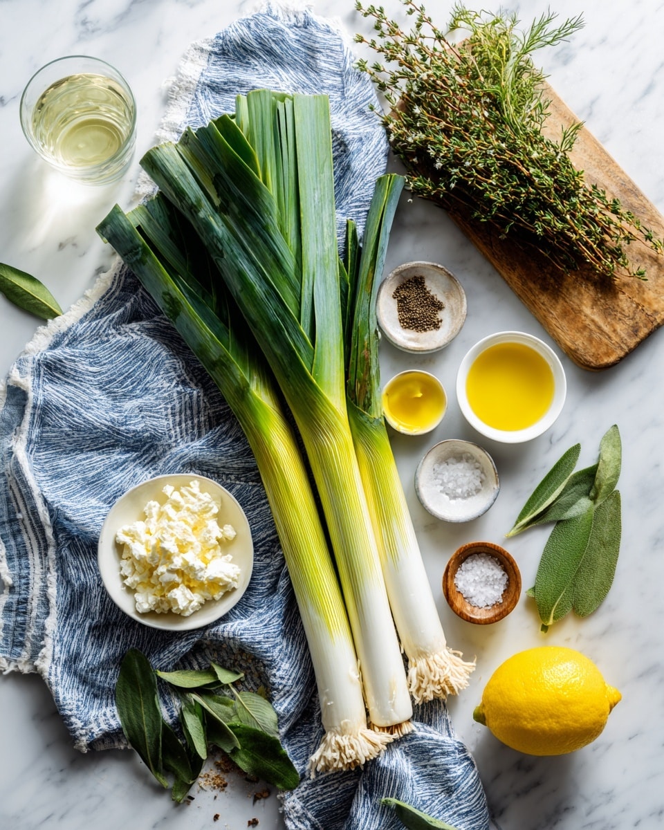The image shows fresh ingredients arranged on a white marbled surface. There are three long green and white leeks lying across a blue and white striped cloth. Next to the leeks are small white bowls: one with crumbled white cheese, one with a golden liquid, one with a yellow liquid, and two smaller bowls with black pepper and coarse salt. A whole yellow lemon is placed near a wooden board that holds fresh green herbs including dill, thyme, and chives. A glass of clear liquid is set on the left side. The scene is bright and clean, with natural light and clear shadows. photo taken with an iphone --ar 4:5 --v 7