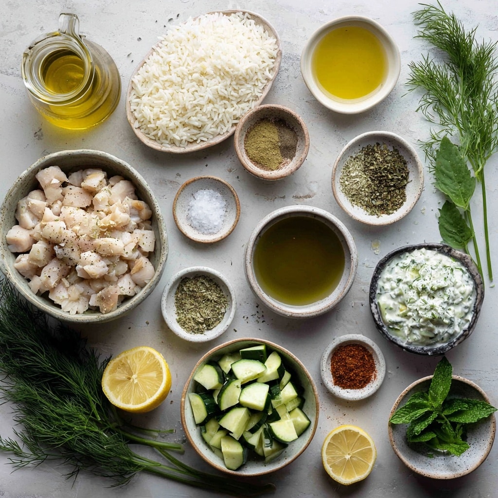 A white rectangular baking dish filled with a layered baked chicken and rice dish. The bottom layer shows soft golden-yellow rice mixed with spices, while chunky pieces of cooked chicken with browned edges sit on top. The chicken is coated in a rich, slightly oily sauce with visible herbs and spices, giving an overall yellow-brown color. Fresh chopped green herbs are sprinkled generously on top, adding a vibrant color contrast. To the side, half a lemon and some green herbs are placed on a rustic wooden surface. Photo taken with an iphone --ar 4:5 --v 7