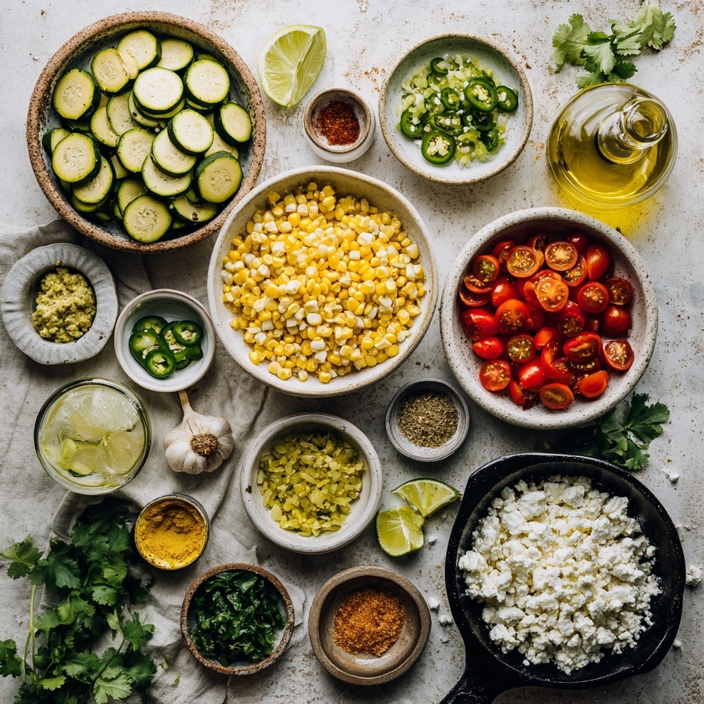 The image shows two pans placed side by side on a white marbled surface. In the left pan, there are around 25 to 30 round slices of cooked zucchini, browned on the top, scattered evenly with small chopped green chili pieces mixed among them. The right pan has the same zucchini and chili base but with a large pile of roasted yellow corn kernels on the right half, showing a contrast of colors between the golden corn and the green zucchini slices. Both pans have black handles extending out to the bottom left of the image, and the pan interior has a slightly rough gray texture. Photo taken with an iphone --ar 4:5 --v 7