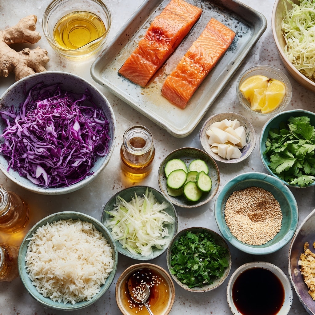 A large wooden bowl filled with a colorful salad made of several layers: the bottom layer is light green shredded lettuce mixed with some purple cabbage strips, scattered with bright green cilantro leaves. On top, there are pieces of grilled salmon chunks showing a light orange with golden edges. Thin round slices of cucumber with pale green skin and seeds are spread evenly across the salad. A dark reddish-brown layer of cooked rice is sprinkled over the top, along with small golden sesame seeds, and there is a creamy light-colored dressing drizzled all over. A silver spoon rests inside the bowl, and the bowl is placed on a white marbled surface with a bowl of sesame seeds nearby and a glass of light brown beverage in the background photo taken with an iphone --ar 4:5 --v 7