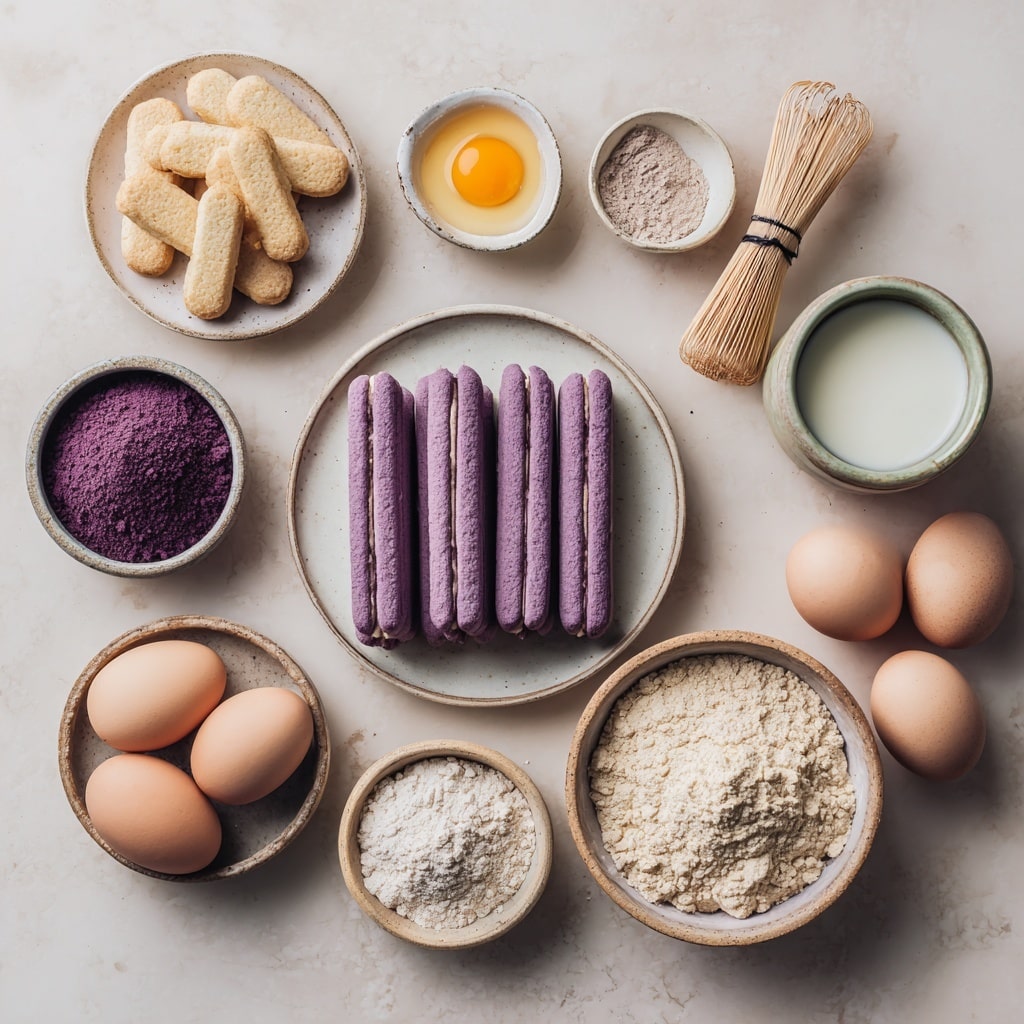 A clear glass bowl filled with a thick, smooth creamy mixture of pale purple color, with soft, wavy swirl textures all over. A mixer attachment covered in the same creamy purple batter is held above the bowl, showing ridges and peaks from stirring. The bowl sits on a white marbled surface with small parts of various white bowls and containers blurred in the background. photo taken with an iphone --ar 4:5 --v 7