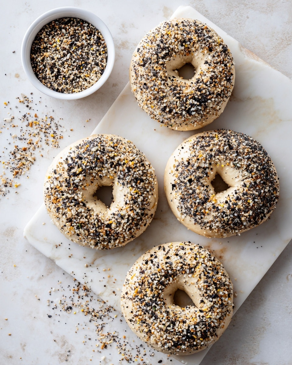 Four round bagels are placed on a white marbled surface, each topped thickly with a mix of black, white, and yellow seeds and spices, giving a speckled appearance. The bagels are uncooked, with a pale dough color and a slightly rough texture from the seed coating. To the top left of the image, there is a small white bowl filled with the same seed mixture, some of which is scattered around the bagels on the surface. The composition is neat, with the bagels evenly spaced in a square shape. Photo taken with an iphone --ar 4:5 --v 7