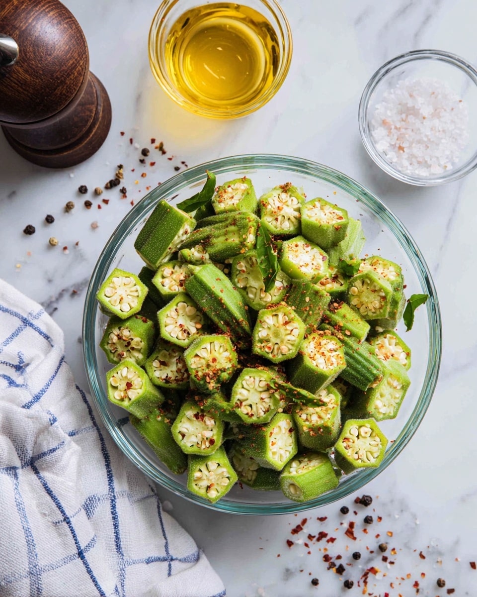 A white, round plate with raised, curved ridges holds a pile of roasted okra pieces, some whole and some sliced lengthwise, showing light green interiors with seeds. The okra has a browned, slightly charred texture with dark grill marks and specks of black pepper. A silver fork rests on the plate edge at the bottom right. The plate is on a white marbled surface with part of a yellow and white striped cloth visible at the bottom left and green stacked plates blurred in the top right background photo taken with an iphone --ar 4:5 --v 7