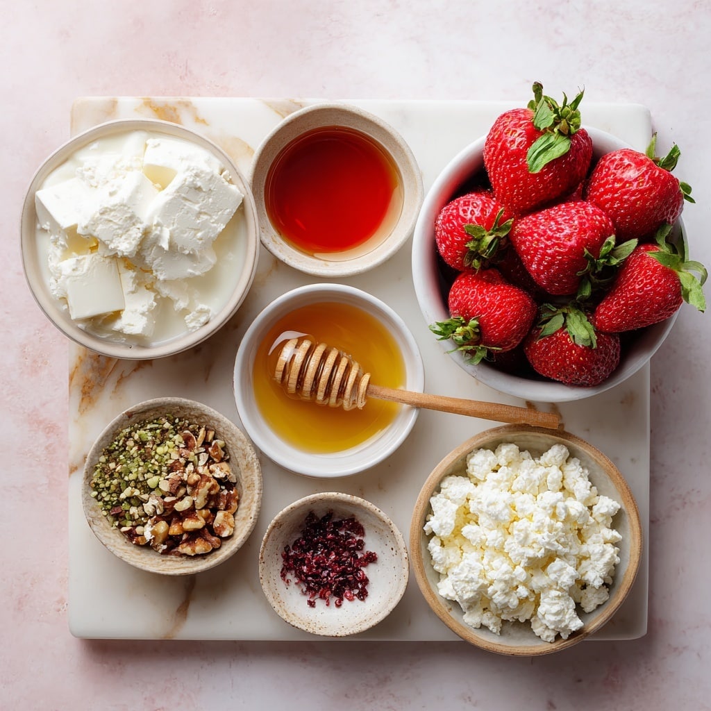 A white bowl on a white marbled surface holds three main layers side by side: bright red chopped strawberries on the right, creamy white yogurt in the center, and golden brown broken pretzel sticks on the left. The yogurt layer is thick with a smooth texture partly covering the strawberries. A metal spoon is partially inside the bowl on the left side. Around the bowl, there is a smaller white bowl of strawberries at the top and a clear glass bowl of pretzels at the bottom right, with a striped cloth to the left. Photo taken with an iphone --ar 4:5 --v 7