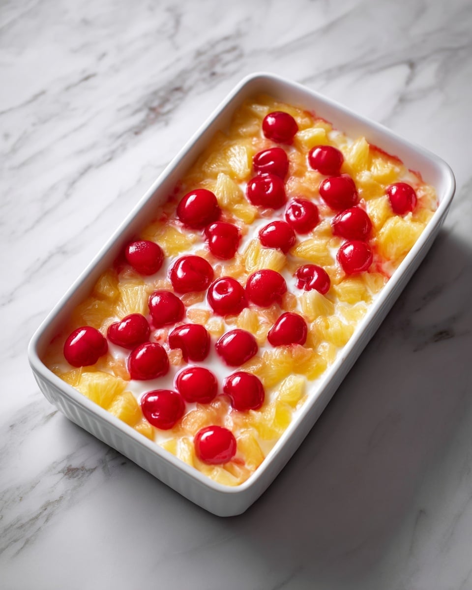 A white plate holds a single large serving of a baked dessert with a crumbly, golden-brown top layer mixed with a softer orange-yellow layer underneath. On top, there is a smooth, fluffy white dollop of whipped cream crowned by a shiny, bright red cherry in the center. In the background, a white patterned baking dish with more of the dessert is visible. The plate is placed on a white marbled surface with a part of a grey cloth on the side. photo taken with an iphone --ar 4:5 --v 7