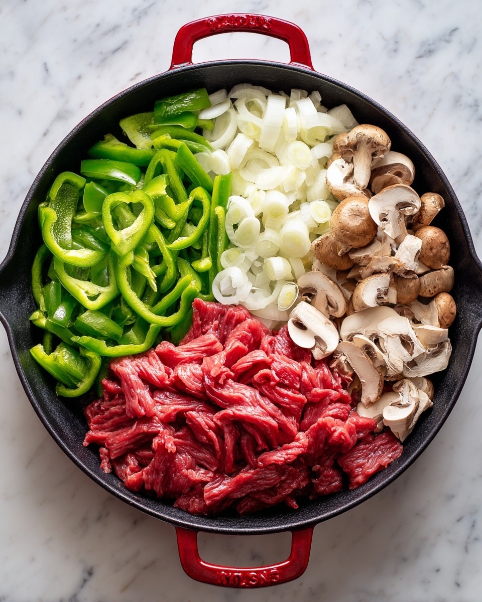 The image shows a black cast iron pan with a red handle sitting on a white marbled surface. Inside the pan, there are four main layers of raw ingredients arranged separately: bright green sliced bell peppers on the top left side, white sliced onions on the bottom right, light brown whole button mushrooms on the top right, and a large pile of thinly sliced raw red meat spread in the center and bottom left. Each ingredient layer is clearly visible and not mixed with the others, creating a colorful and fresh look. photo taken with an iphone --ar 4:5 --v 7