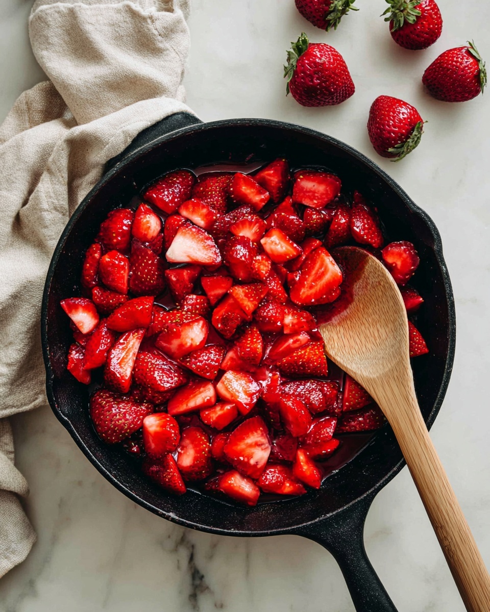 The image shows a black cast iron pan filled with many bright red strawberries that are cut into halves and quarters, filling up the pan completely. The strawberries have a fresh, glossy texture with white and red inside layers visible. A wooden spoon with a smooth texture is resting inside the pan on the right side, partially under the strawberries. The pan is sitting on a white marbled surface with three whole strawberries placed nearby—two at the top right corner and one near the bottom left corner next to a piece of beige cloth. The colors are vibrant, focusing on the red strawberries against the black pan and white marbled background. Photo taken with an iphone --ar 4:5 --v 7