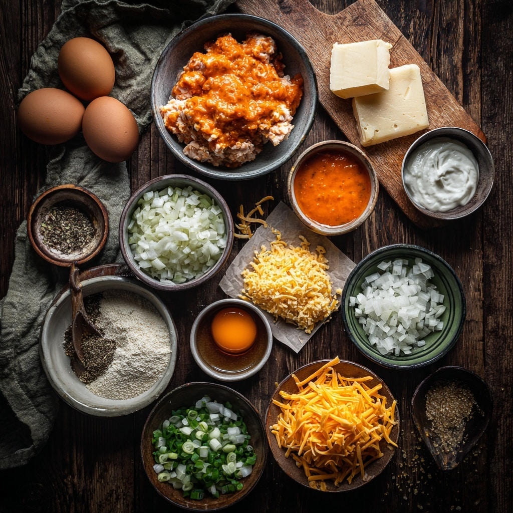A clear glass bowl sits on a white marbled surface with a black and white checkered cloth partially under it. Inside the bowl, six main layers are arranged side by side: two piles of pale pink ground meat with a soft texture on opposite sides, a bright orange sauce with a smooth creamy texture sits atop one meat pile, finely chopped white onions and shredded white cheese form two neat vertical layers in the center, and a light beige pile of fine breadcrumbs covers one side next to a raw egg with a glossy orange yolk on the edge mixed lightly with black pepper specks. Photo taken with an iphone --ar 4:5 --v 7